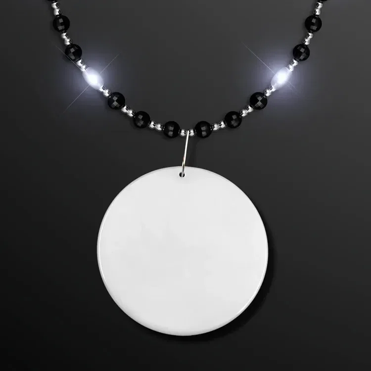 Black Tie Light Beads - White LEDs, Black & Silver Beads with White Medallion — view 3