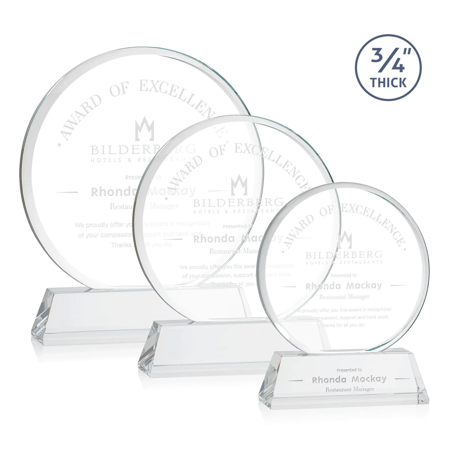 Custom Starfire Crystal Double-Beveled Disc Award on Tall Tapered Base for employee recognition