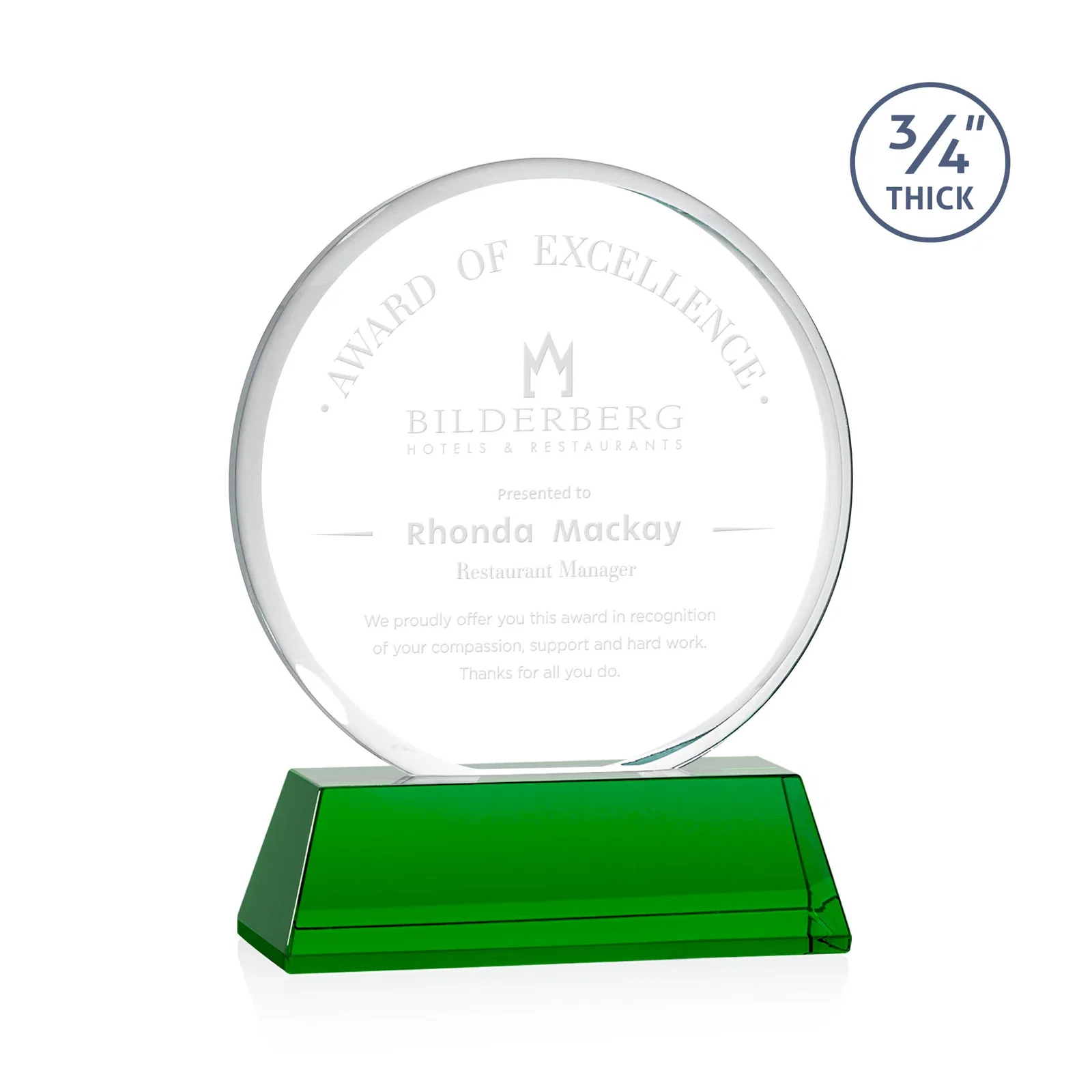 Custom Starfire Crystal Double-Beveled Disc Award on Tall Tapered Base for volunteer appreciation