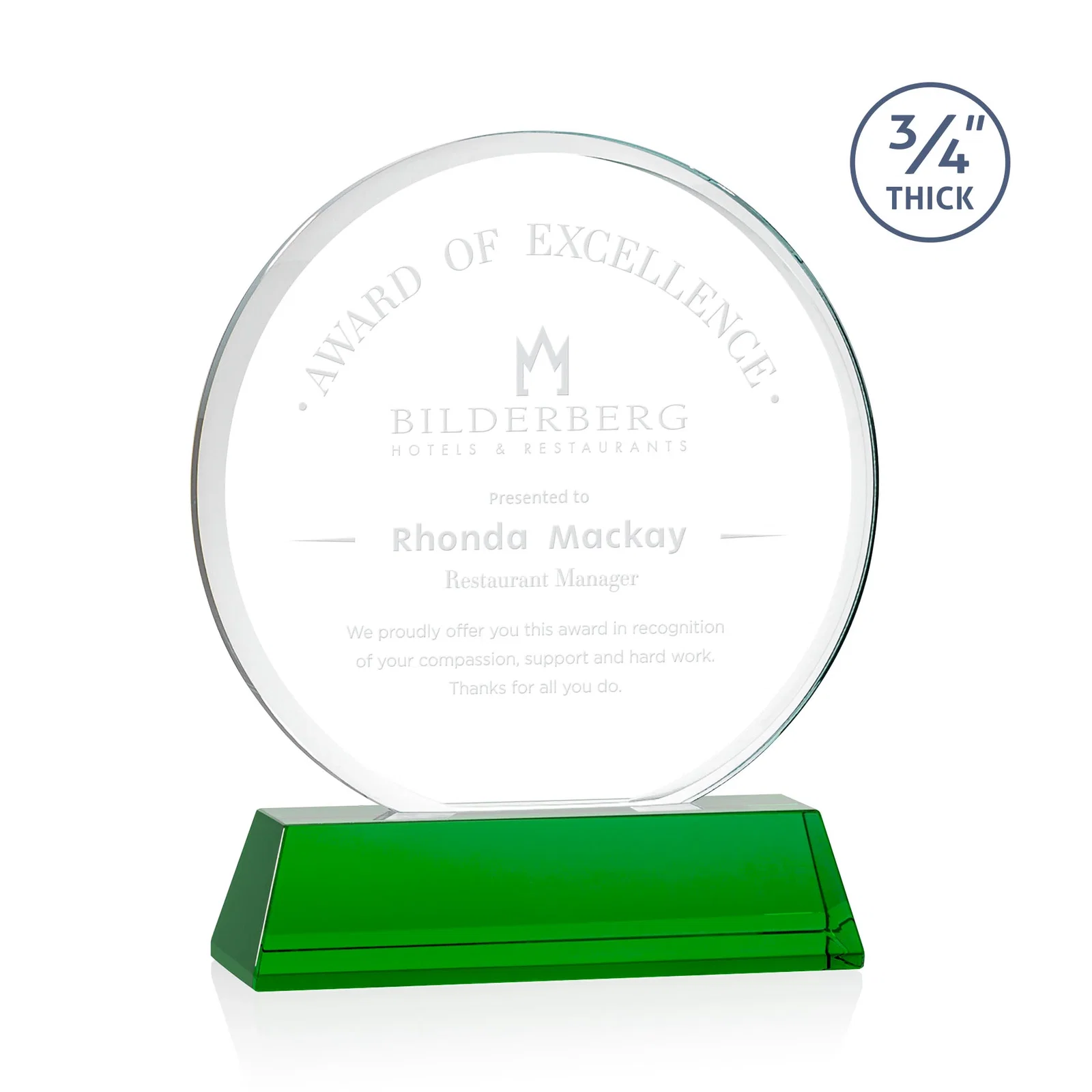 Custom Starfire Crystal Double-Beveled Disc Award on Tall Tapered Base for dealer and partner awards