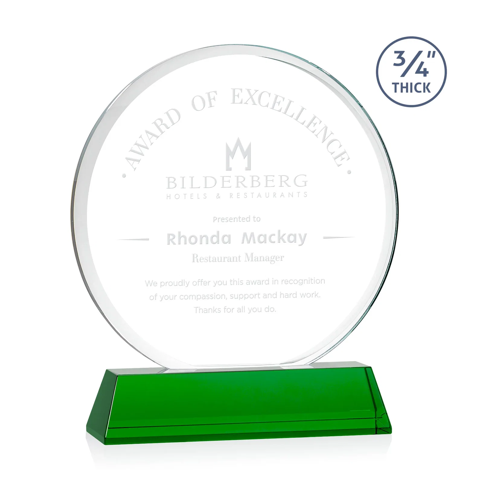 Custom Starfire Crystal Double-Beveled Disc Award on Tall Tapered Base for company anniversary events