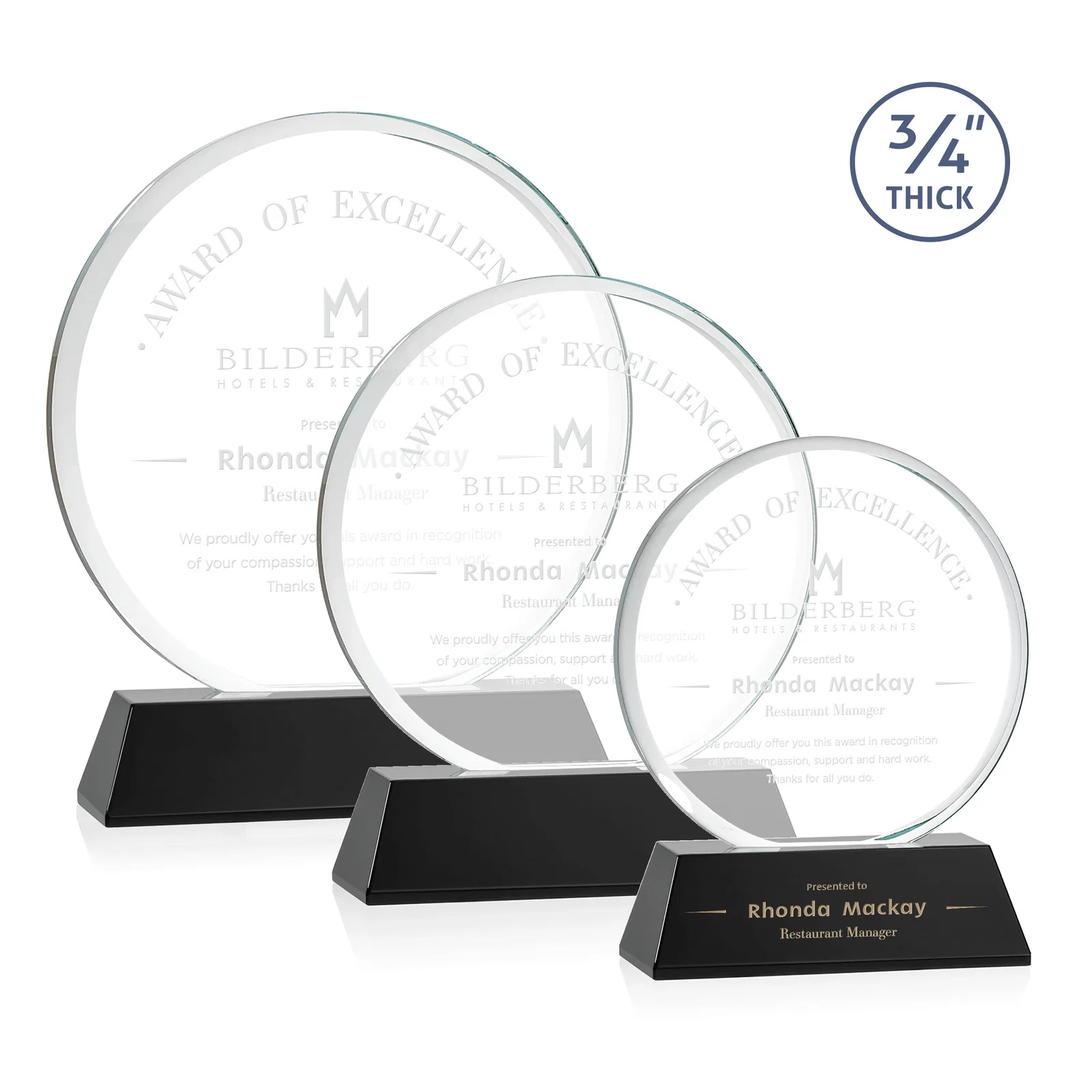 Personalized Starfire Crystal Double-Beveled Disc Award on Tall Tapered Base for employee recognition