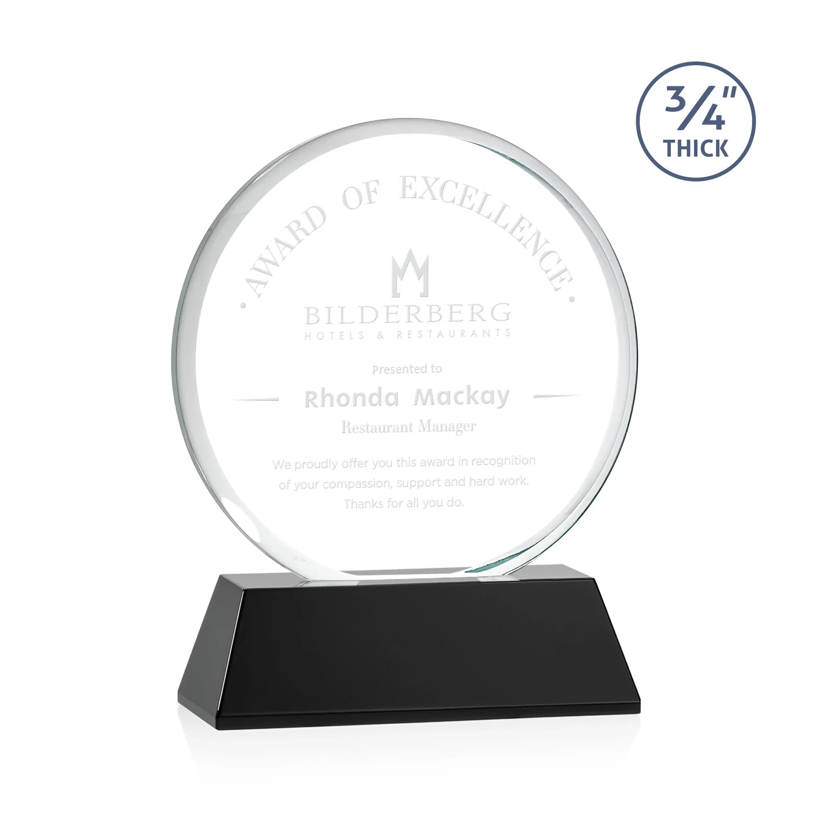 Personalized Starfire Crystal Double-Beveled Disc Award on Tall Tapered Base for corporate award ceremonies