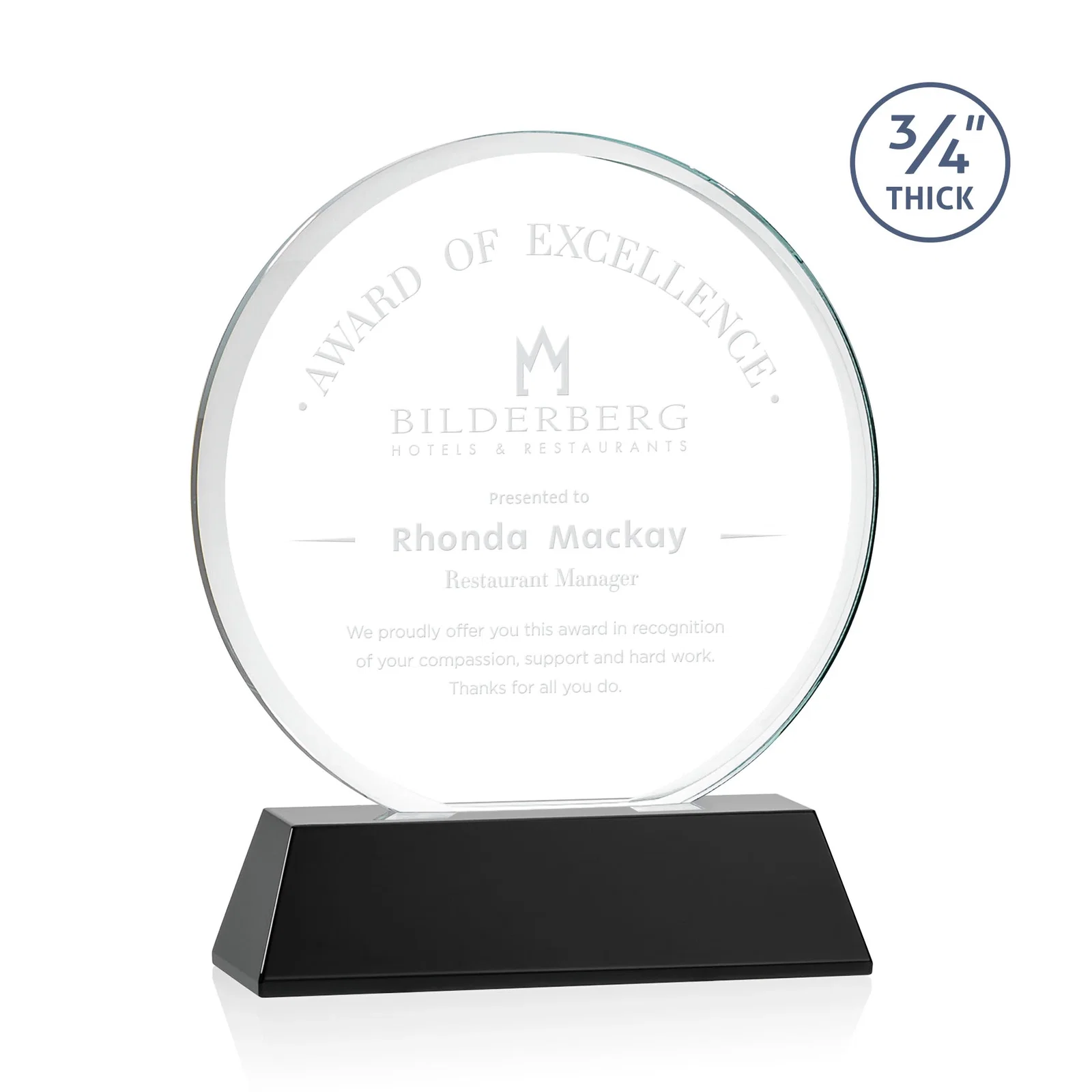 Personalized Starfire Crystal Double-Beveled Disc Award on Tall Tapered Base for service anniversary gifts