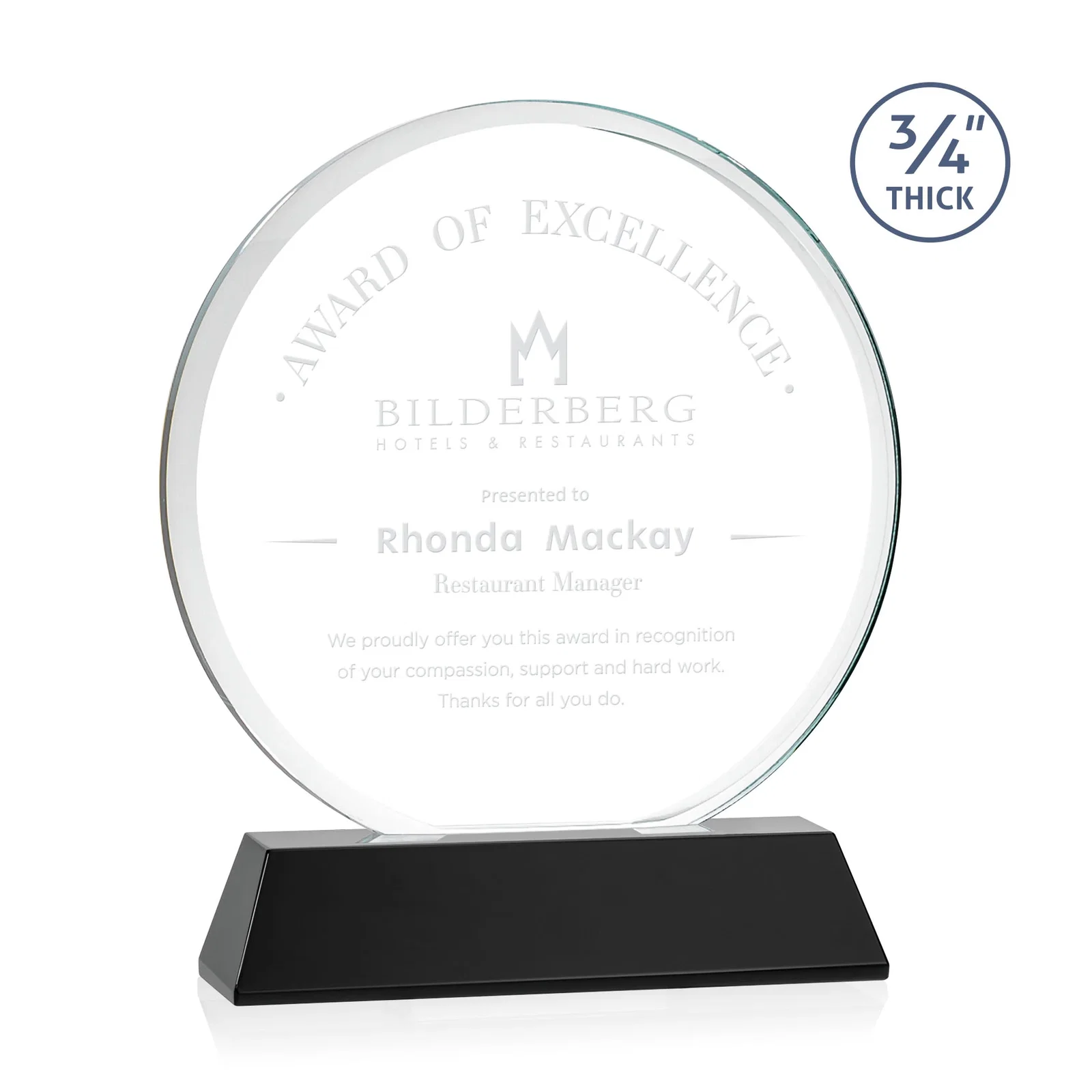 Personalized Starfire Crystal Double-Beveled Disc Award on Tall Tapered Base for sales achievement awards