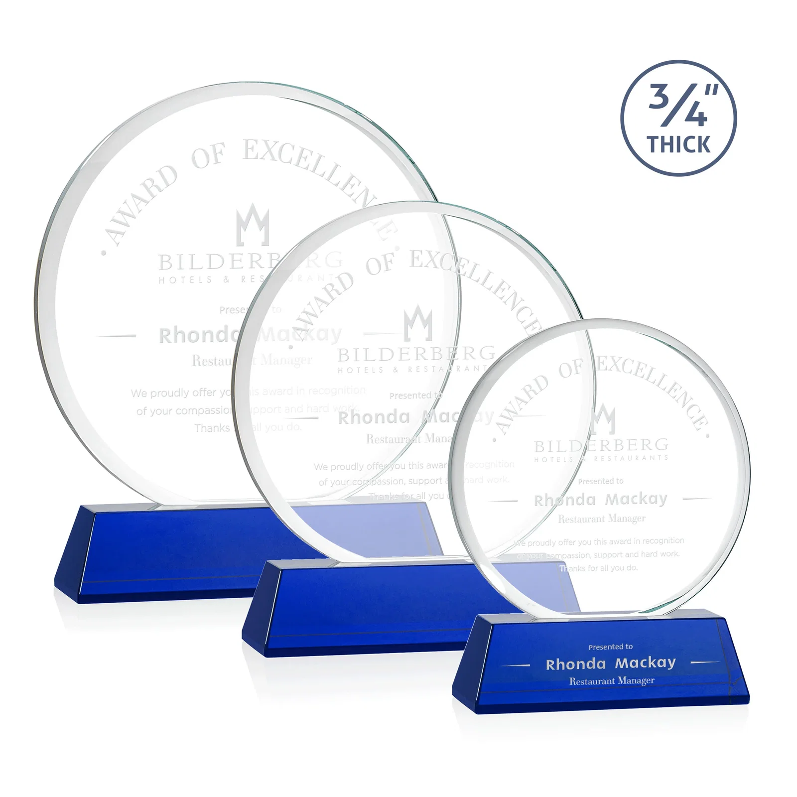 Personalized Starfire Crystal Double-Beveled Disc Award on Tall Tapered Base for retirement presentations