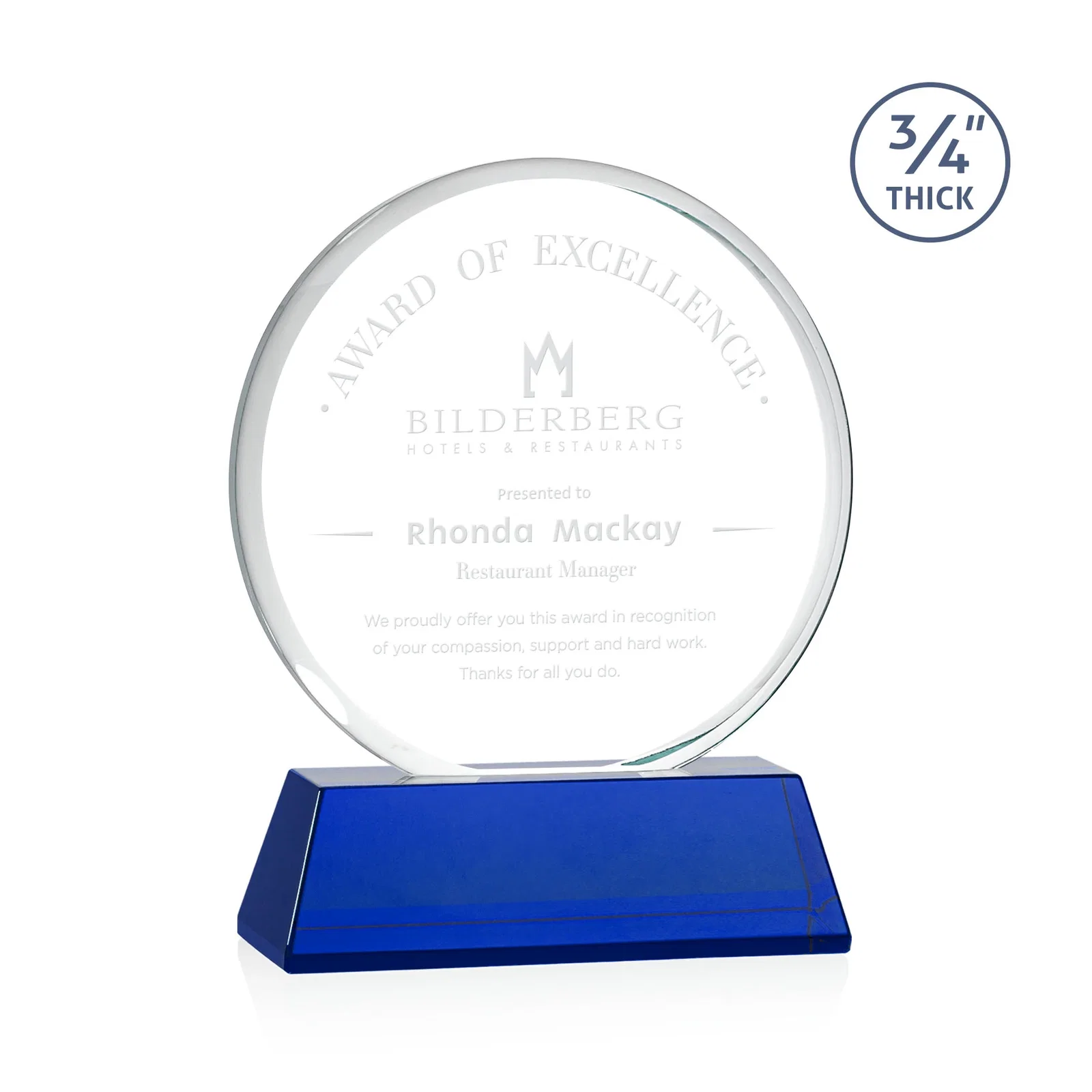Personalized Starfire Crystal Double-Beveled Disc Award on Tall Tapered Base for team milestone celebrations