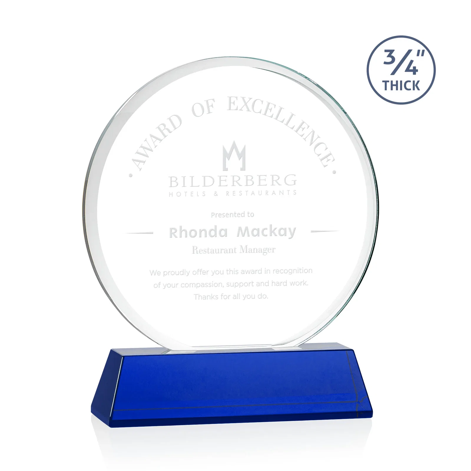 Personalized Starfire Crystal Double-Beveled Disc Award on Tall Tapered Base for donor appreciation