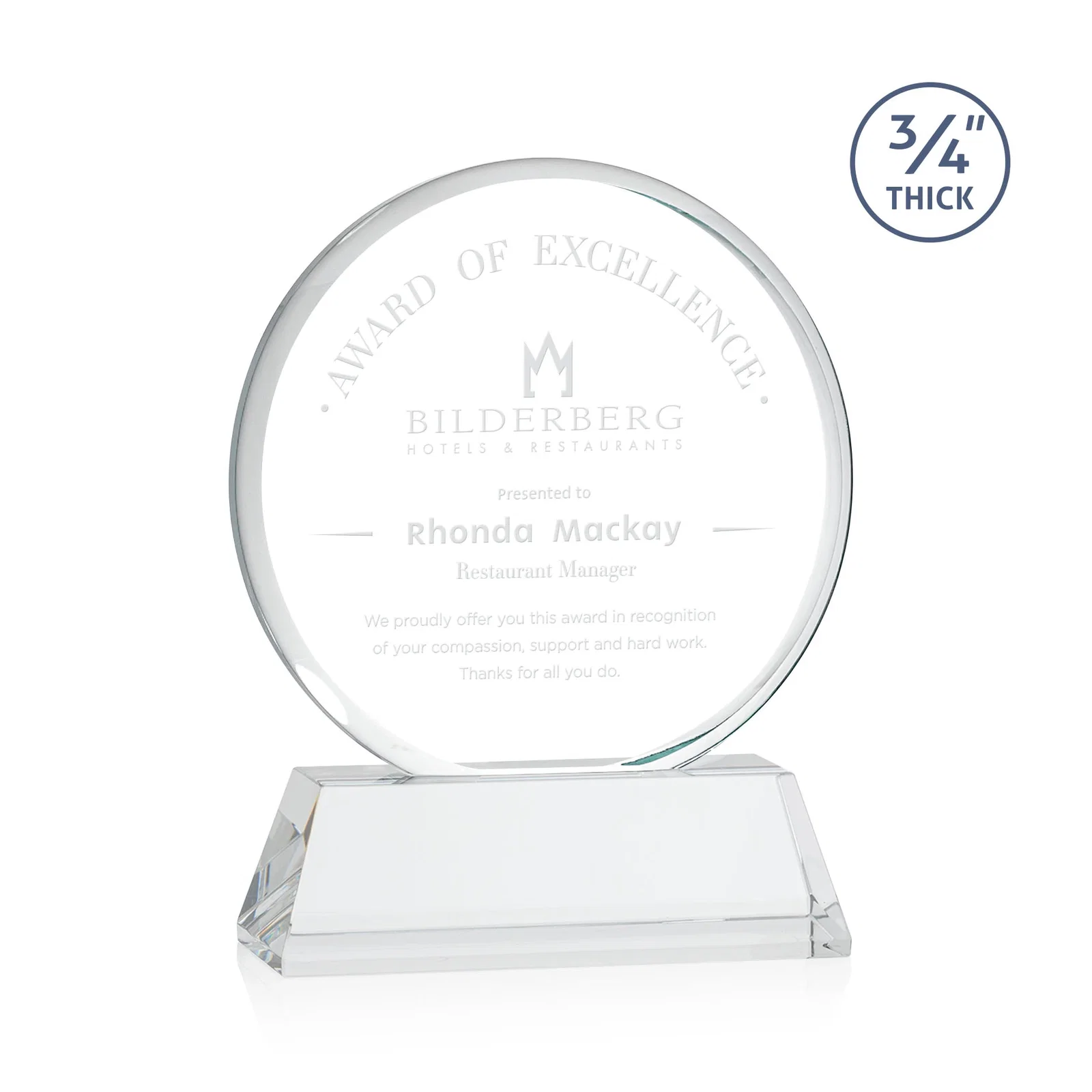 Custom Starfire Crystal Double-Beveled Disc Award on Tall Tapered Base for corporate award ceremonies