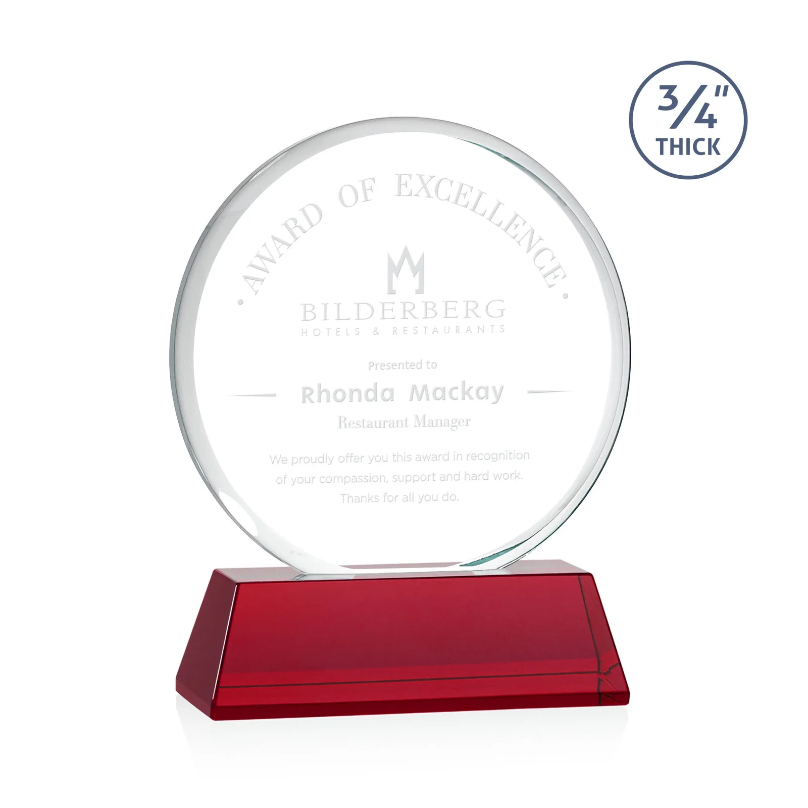 Personalized Starfire Crystal Double-Beveled Disc Award on Tall Tapered Base for volunteer appreciation