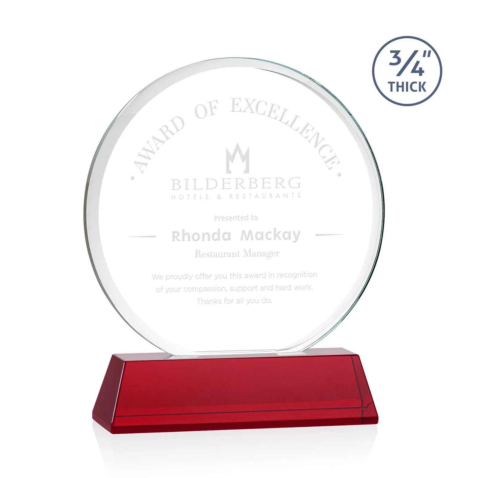 Personalized Starfire Crystal Double-Beveled Disc Award on Tall Tapered Base for dealer and partner awards