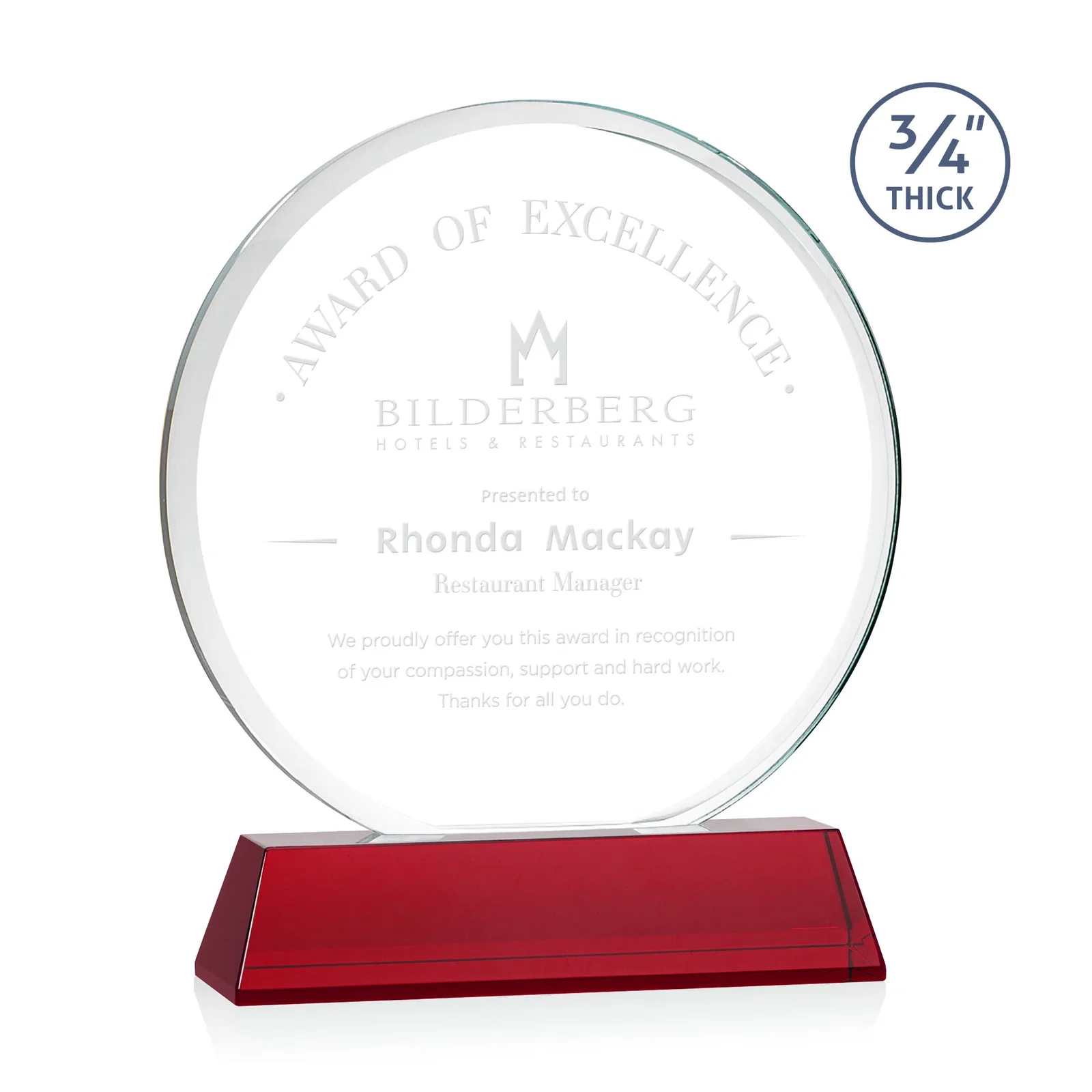 Personalized Starfire Crystal Double-Beveled Disc Award on Tall Tapered Base for company anniversary events
