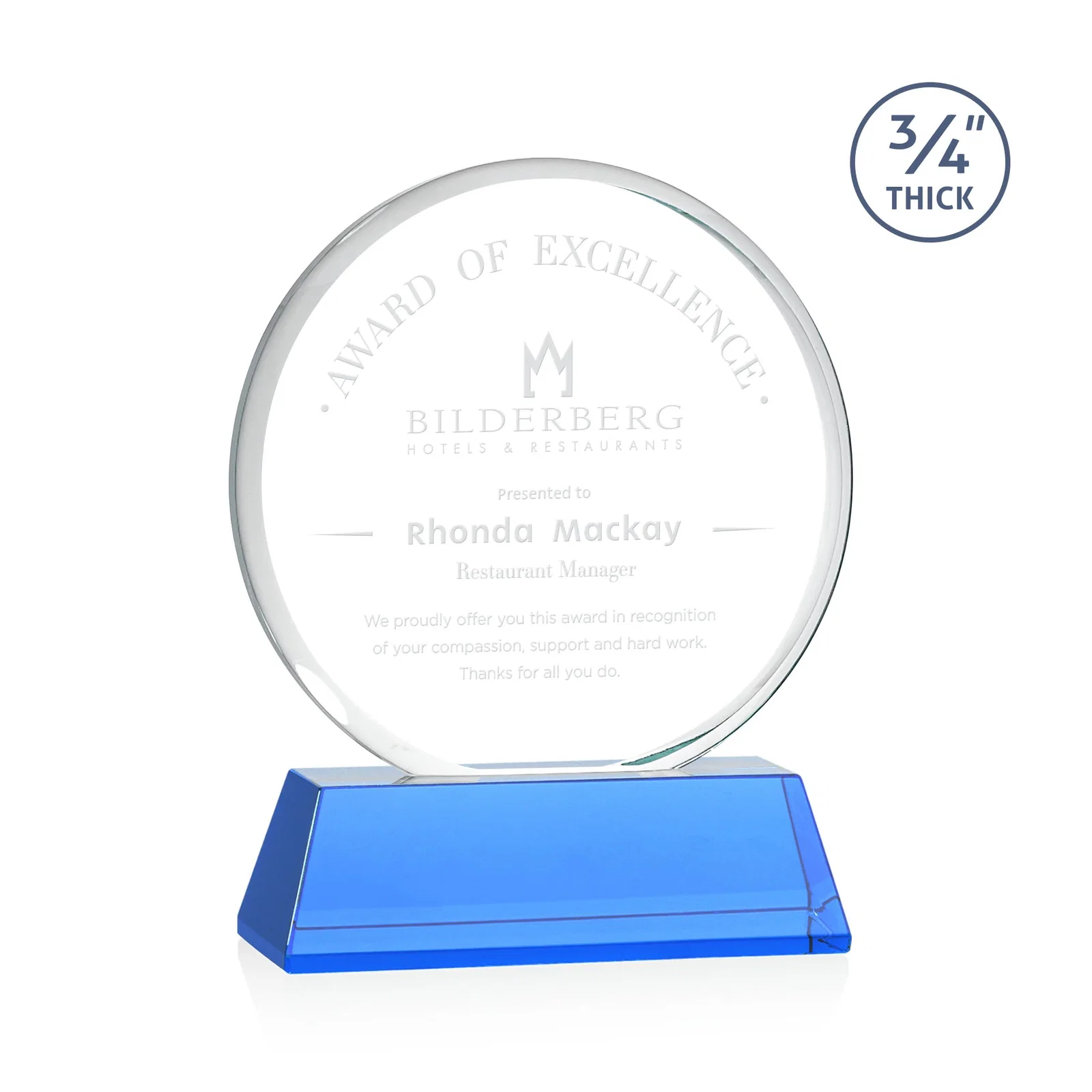 Promotional Starfire Crystal Double-Beveled Disc Award on Tall Tapered Base for corporate award ceremonies