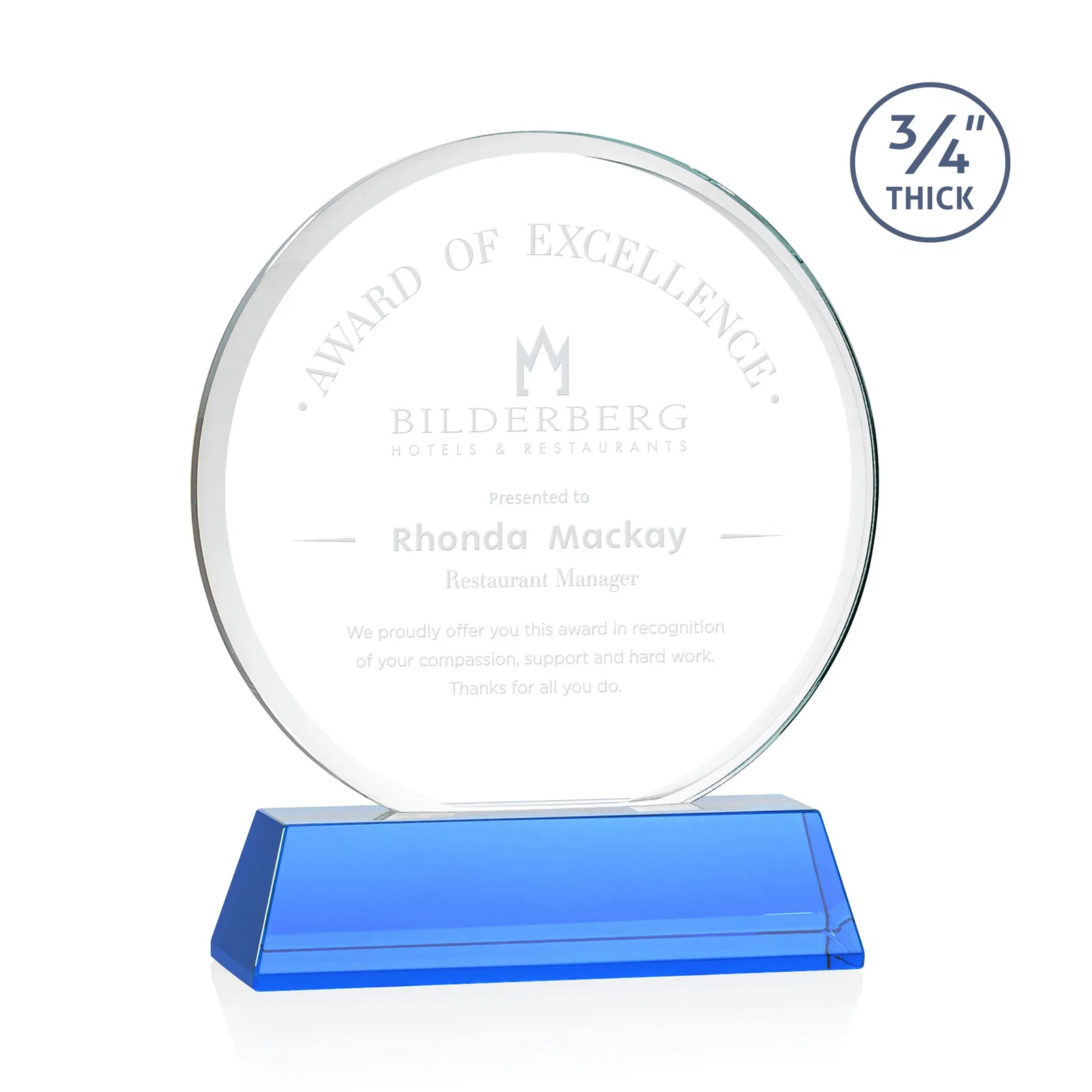 Promotional Starfire Crystal Double-Beveled Disc Award on Tall Tapered Base for service anniversary gifts