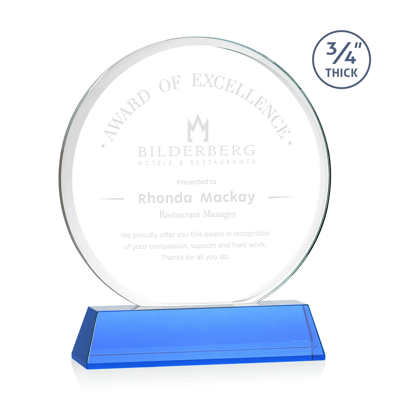 Promotional Starfire Crystal Double-Beveled Disc Award on Tall Tapered Base for sales achievement awards