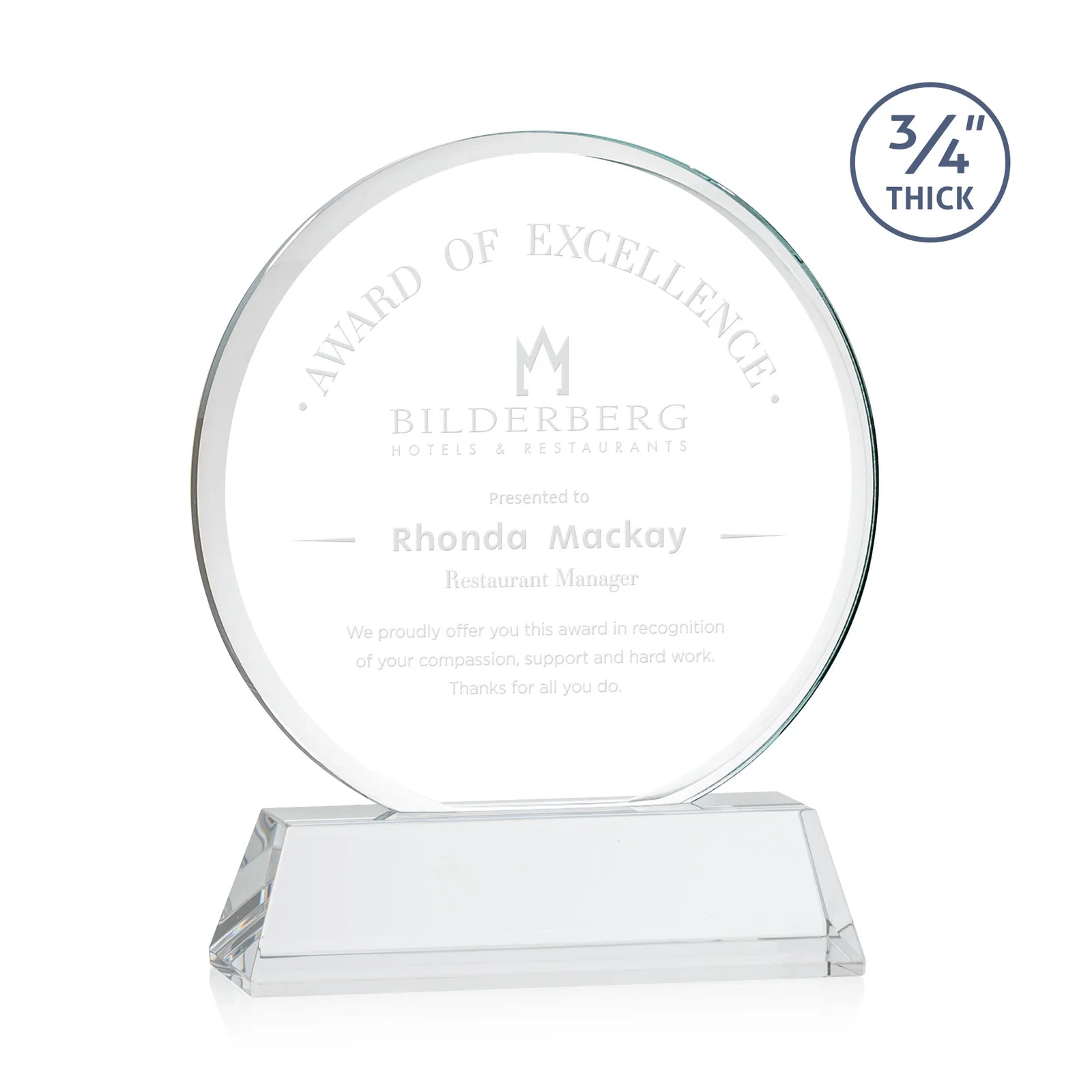 Custom Starfire Crystal Double-Beveled Disc Award on Tall Tapered Base for service anniversary gifts