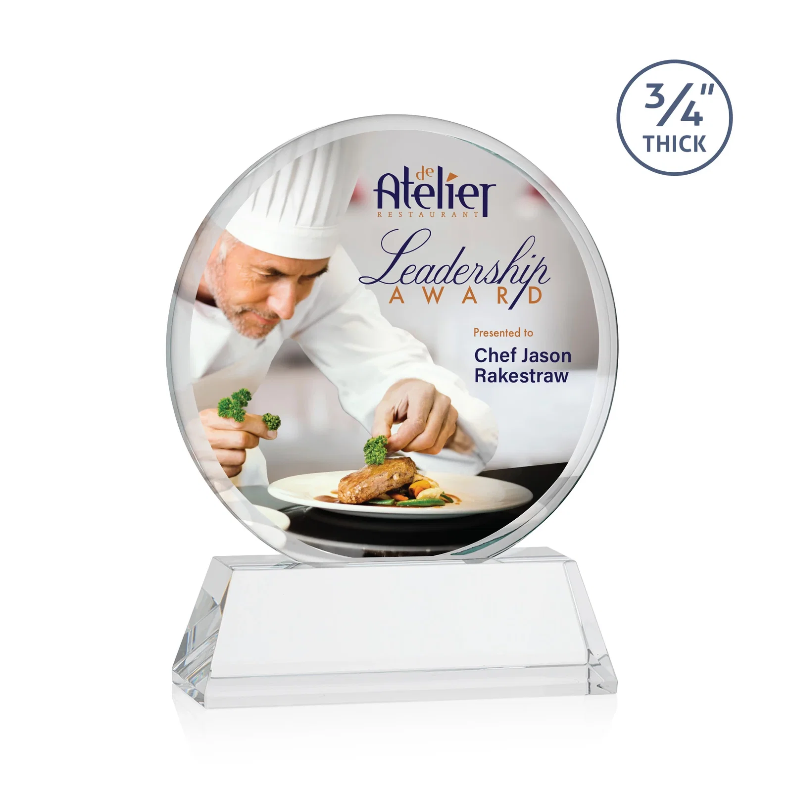 Promotional Starfire Crystal Double-Beveled Disc Award on Tall Tapered Base for volunteer appreciation
