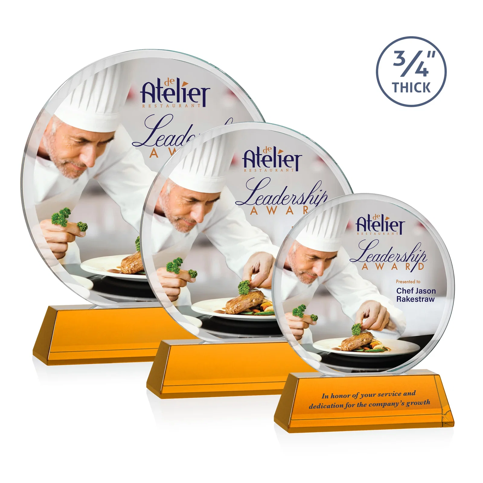 Branded Starfire Crystal Double-Beveled Disc Award on Tall Tapered Base for employee recognition