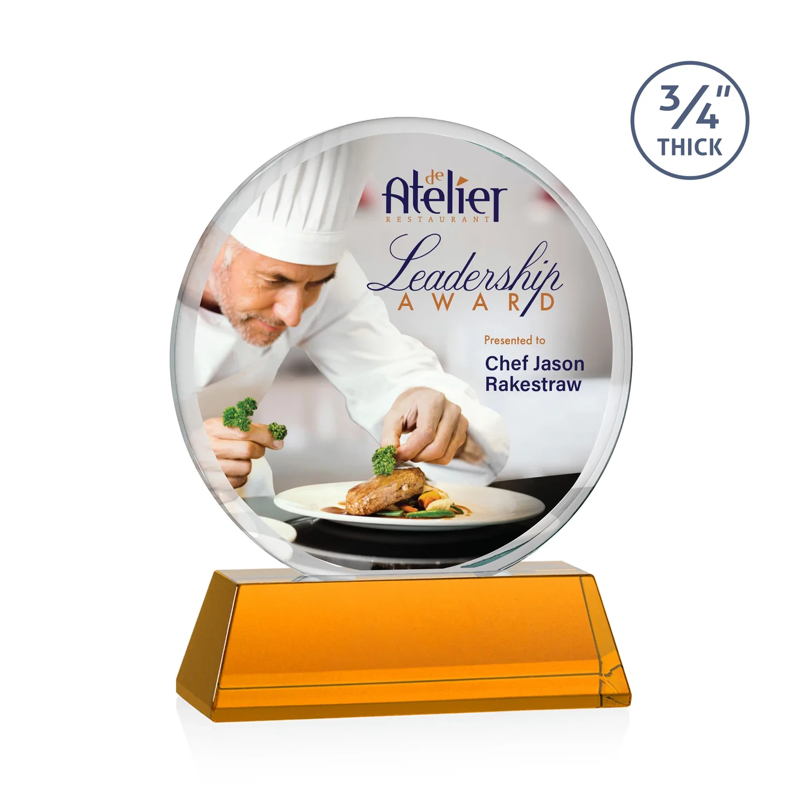 Branded Starfire Crystal Double-Beveled Disc Award on Tall Tapered Base for corporate award ceremonies