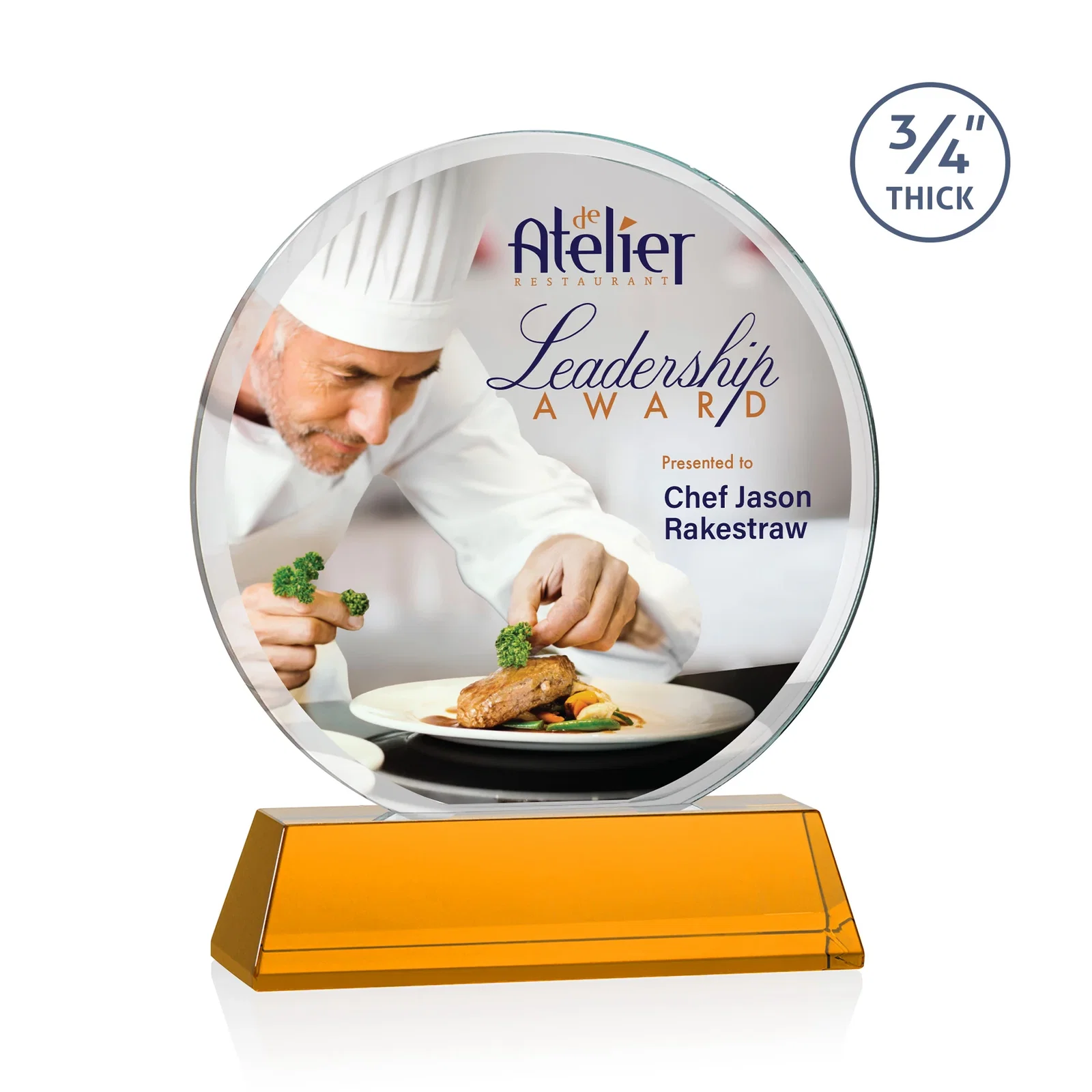 Branded Starfire Crystal Double-Beveled Disc Award on Tall Tapered Base for service anniversary gifts