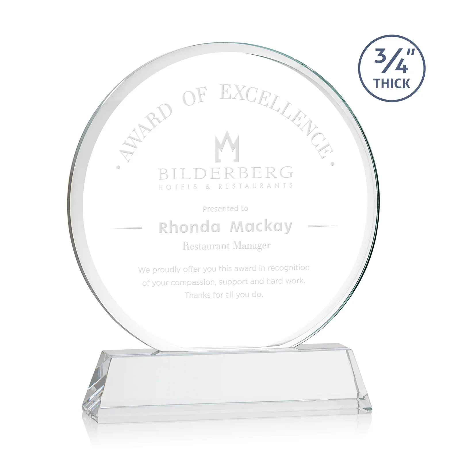 Custom Starfire Crystal Double-Beveled Disc Award on Tall Tapered Base for sales achievement awards