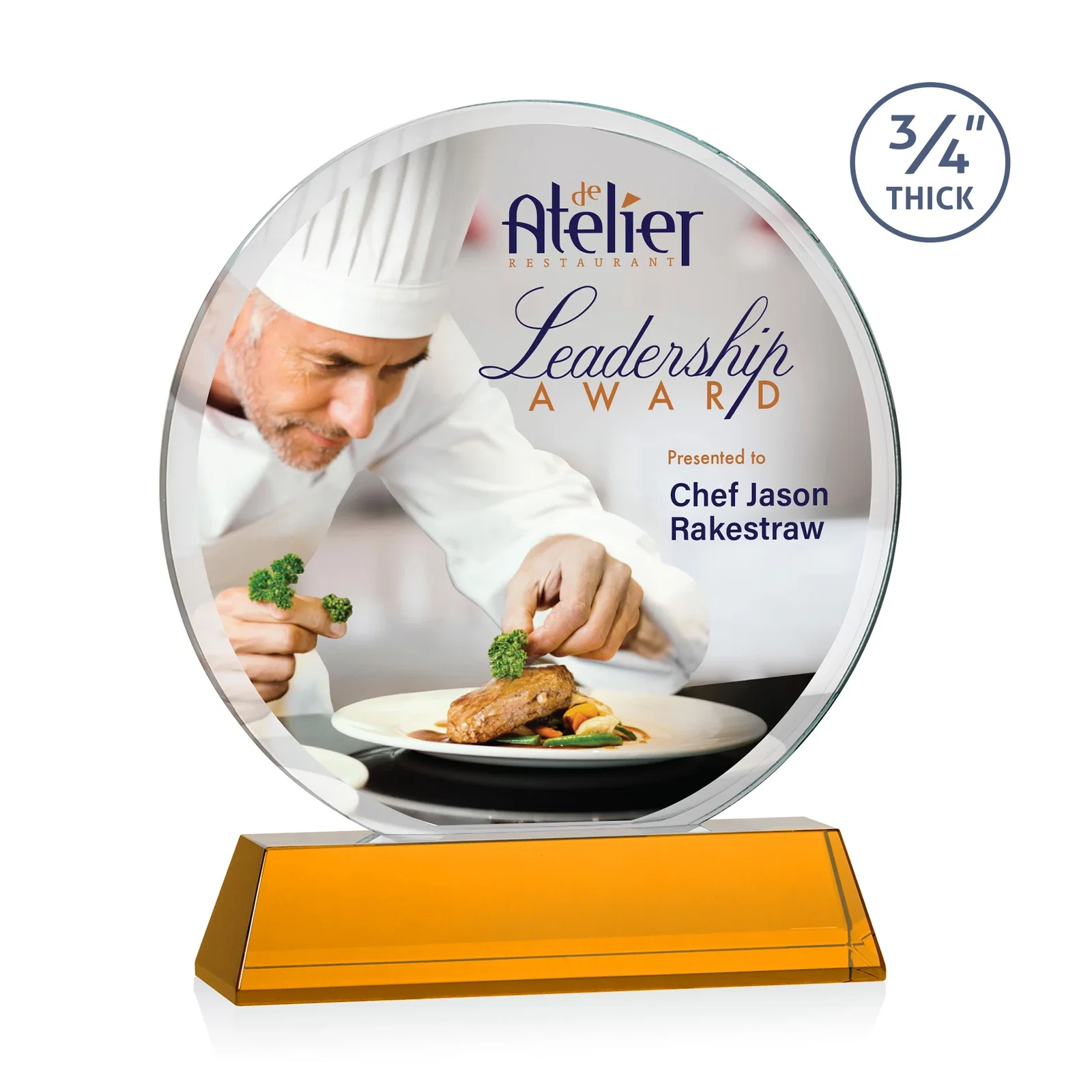Branded Starfire Crystal Double-Beveled Disc Award on Tall Tapered Base for sales achievement awards