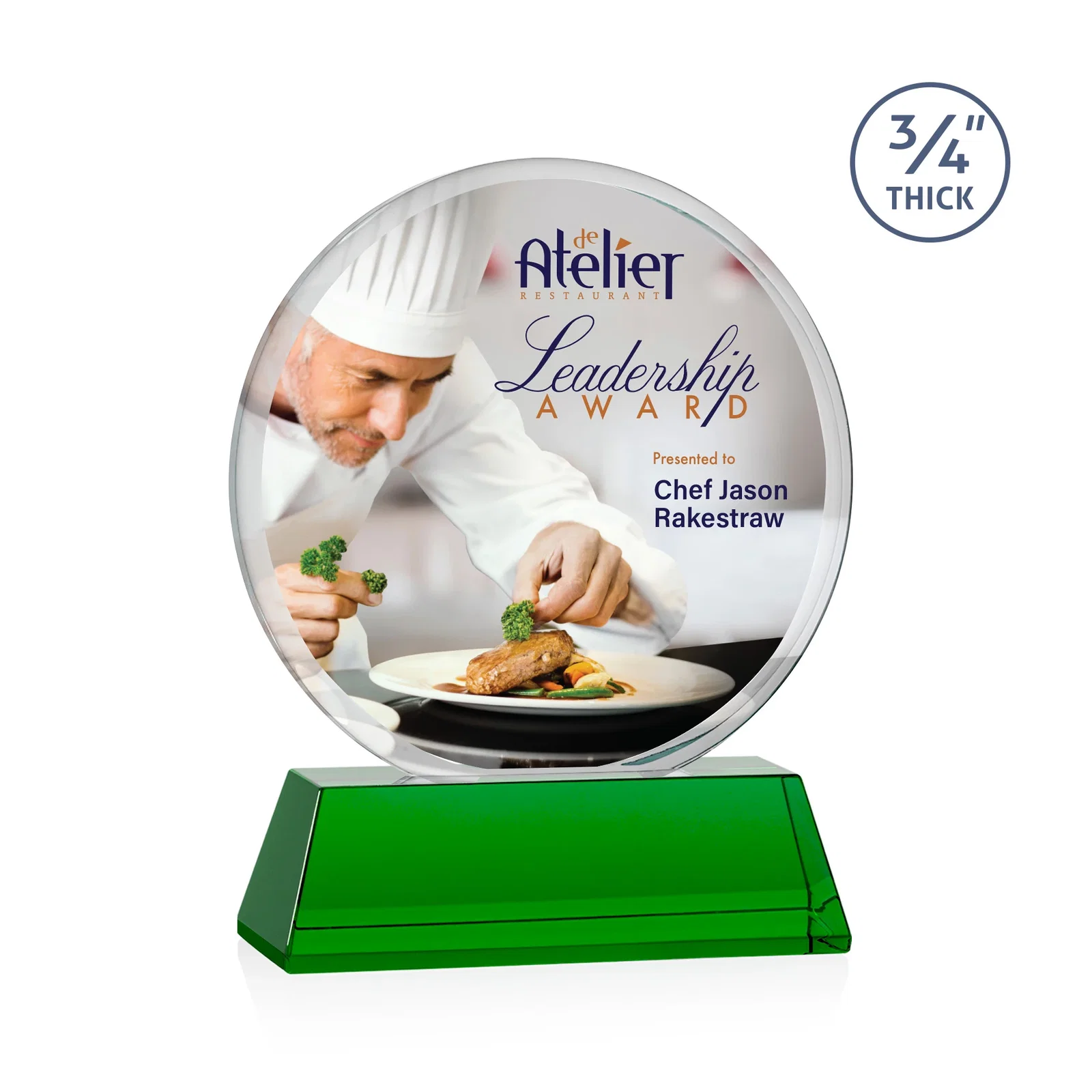 Branded Starfire Crystal Double-Beveled Disc Award on Tall Tapered Base for team milestone celebrations