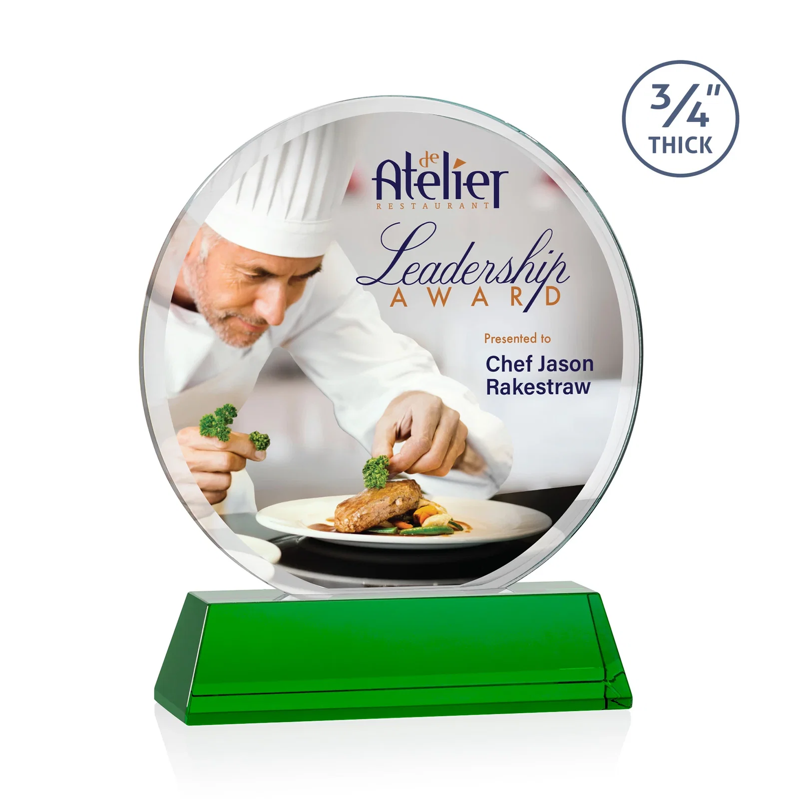 Branded Starfire Crystal Double-Beveled Disc Award on Tall Tapered Base for donor appreciation
