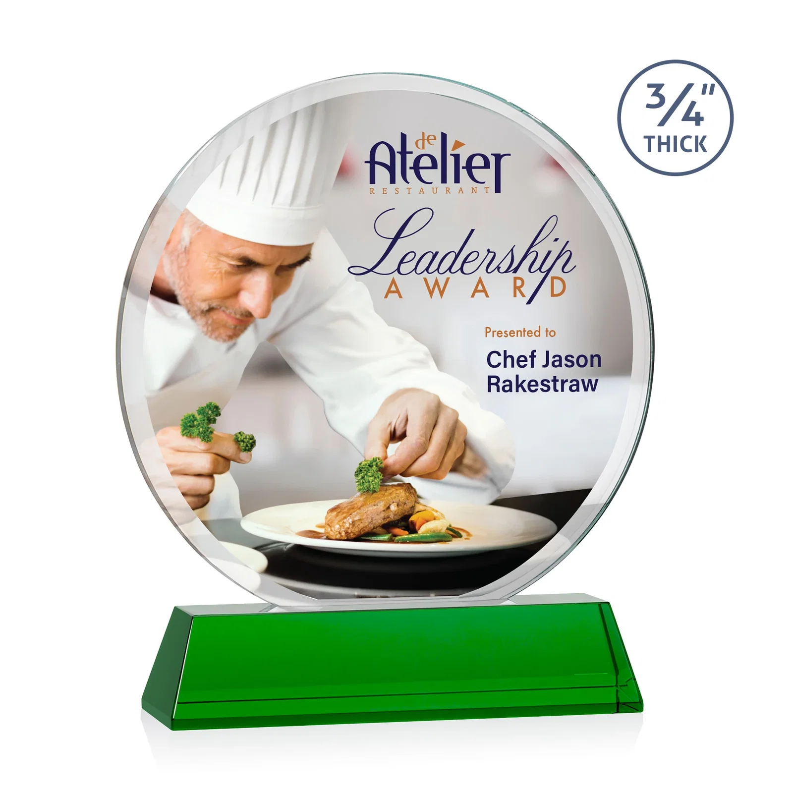 Branded Starfire Crystal Double-Beveled Disc Award on Tall Tapered Base for graduation ceremonies