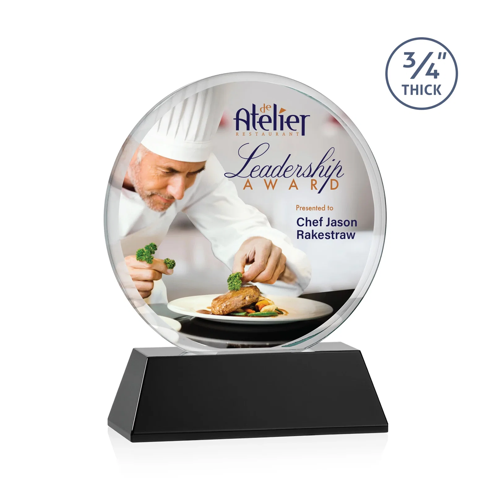 Branded Starfire Crystal Double-Beveled Disc Award on Tall Tapered Base for volunteer appreciation