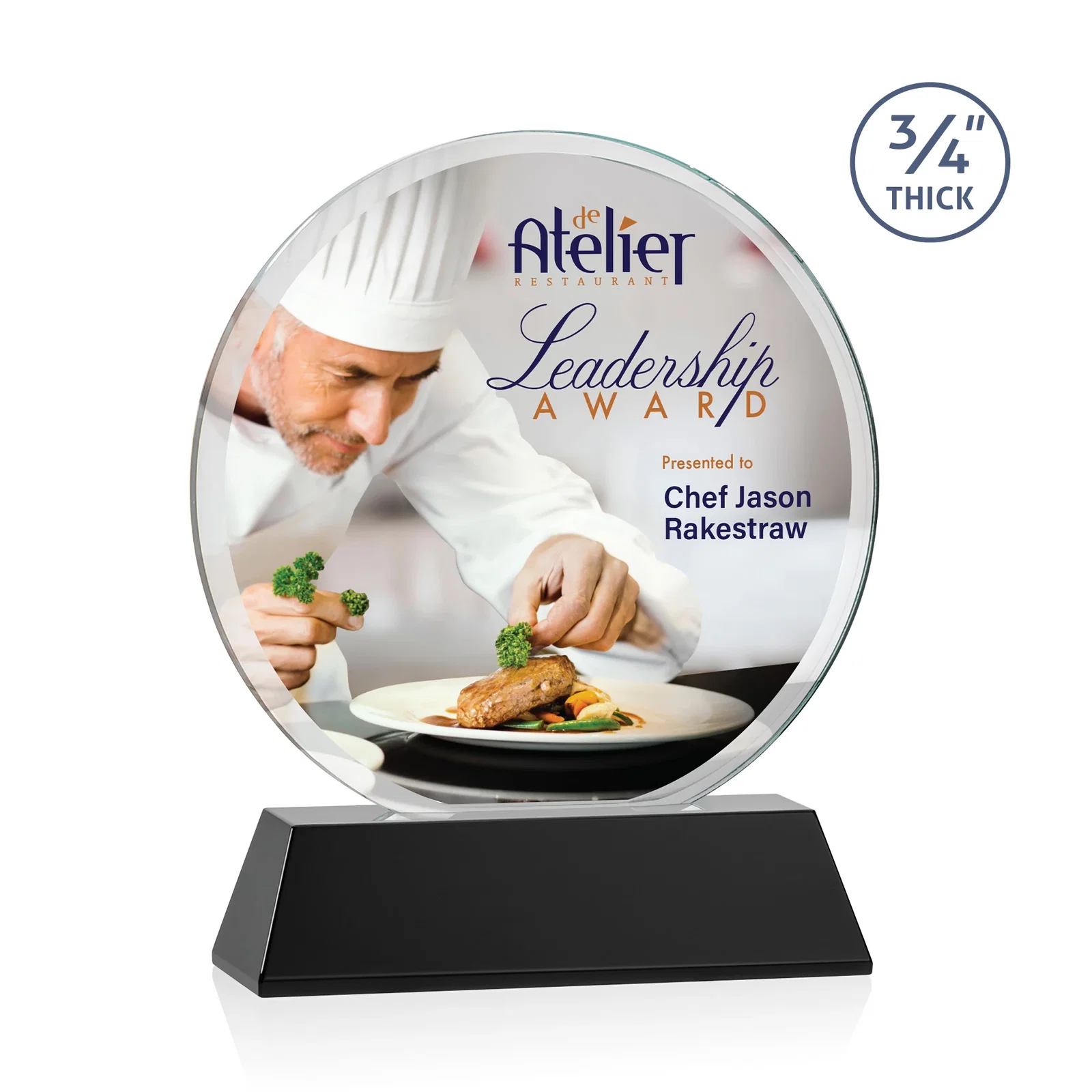 Branded Starfire Crystal Double-Beveled Disc Award on Tall Tapered Base for dealer and partner awards