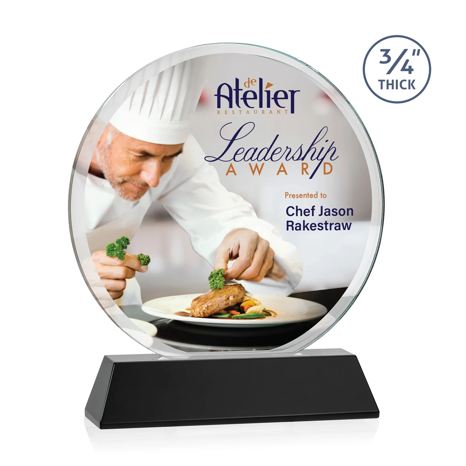 Branded Starfire Crystal Double-Beveled Disc Award on Tall Tapered Base for company anniversary events