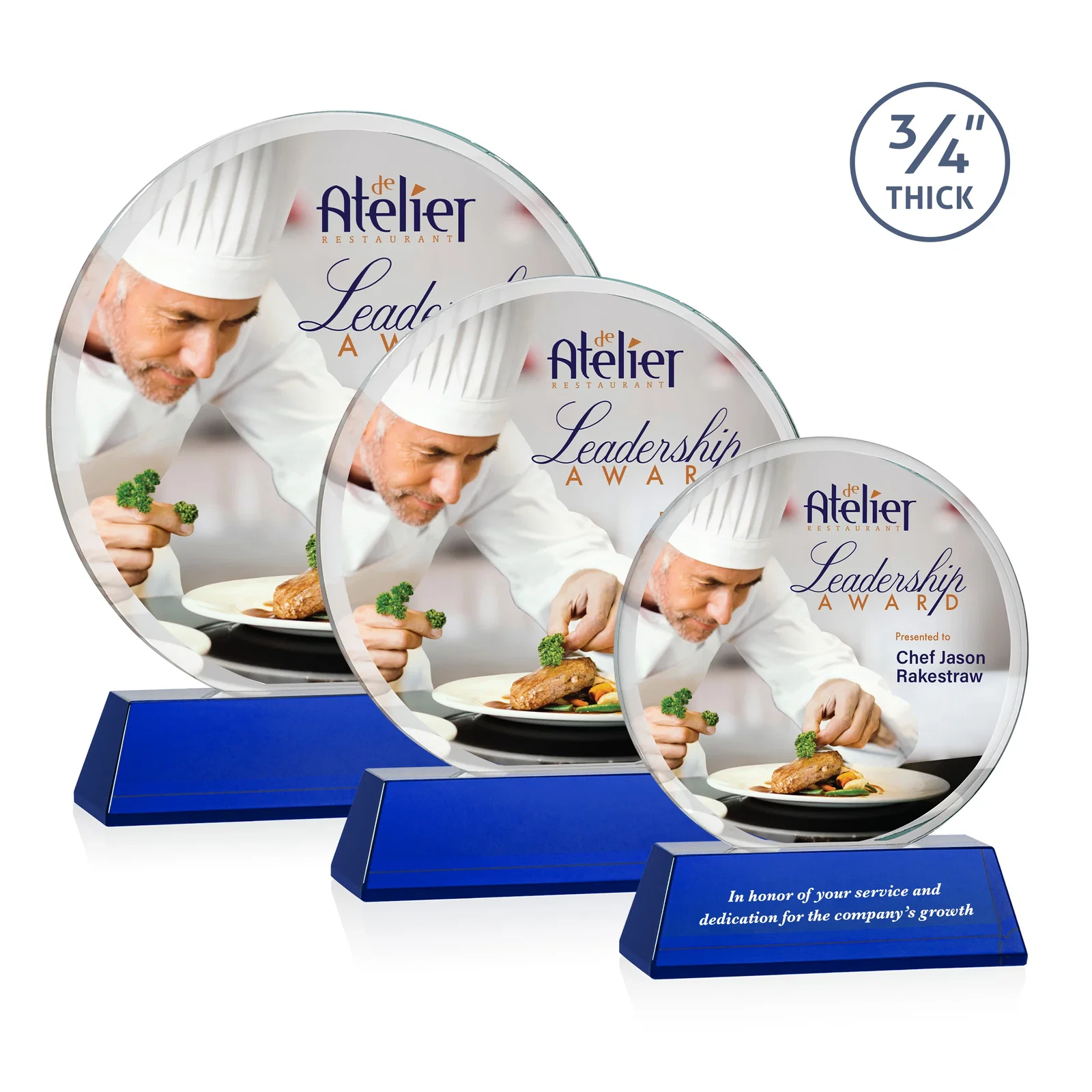 Custom printed Starfire Crystal Double-Beveled Disc Award on Tall Tapered Base for employee recognition