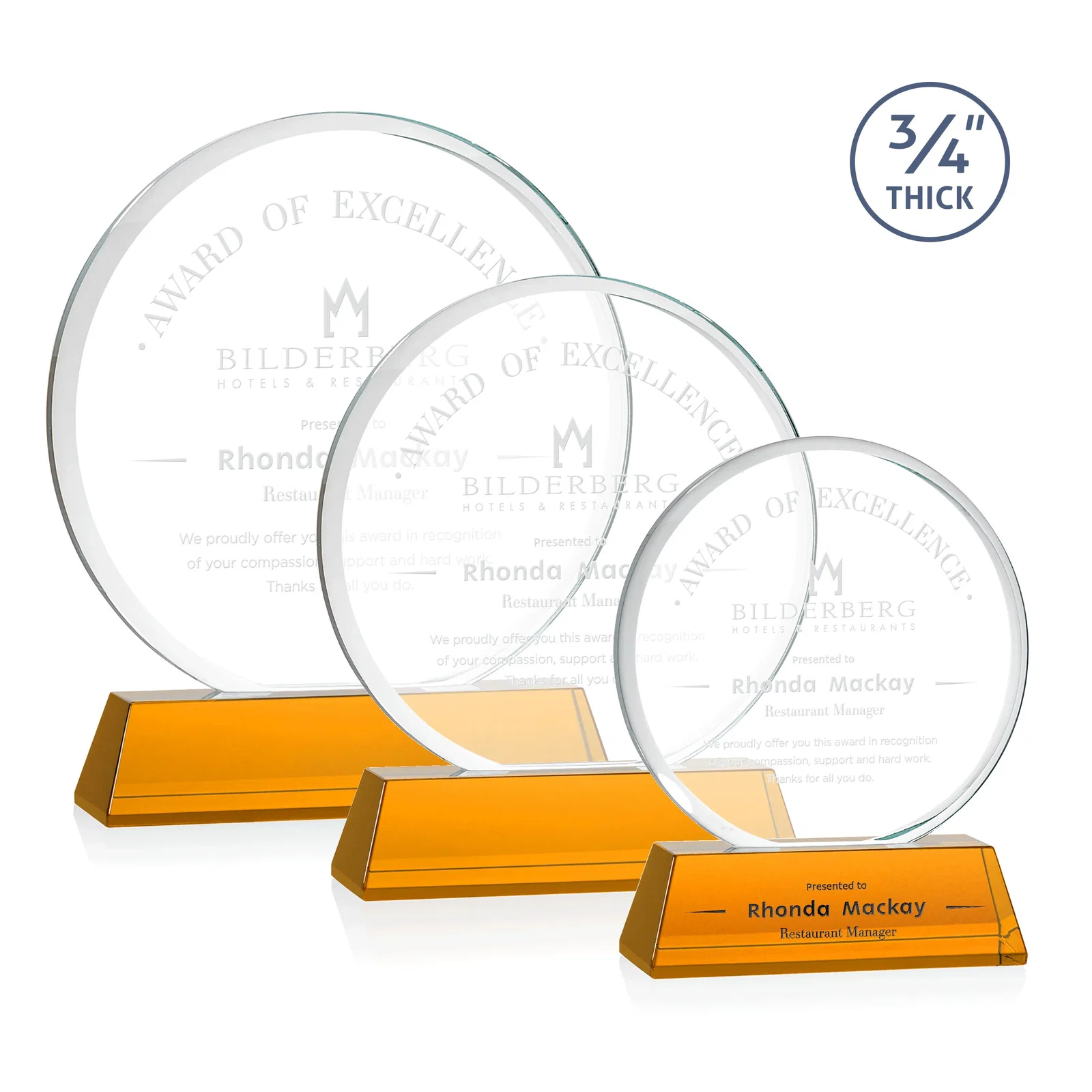 Custom Starfire Crystal Double-Beveled Disc Award on Tall Tapered Base for retirement presentations