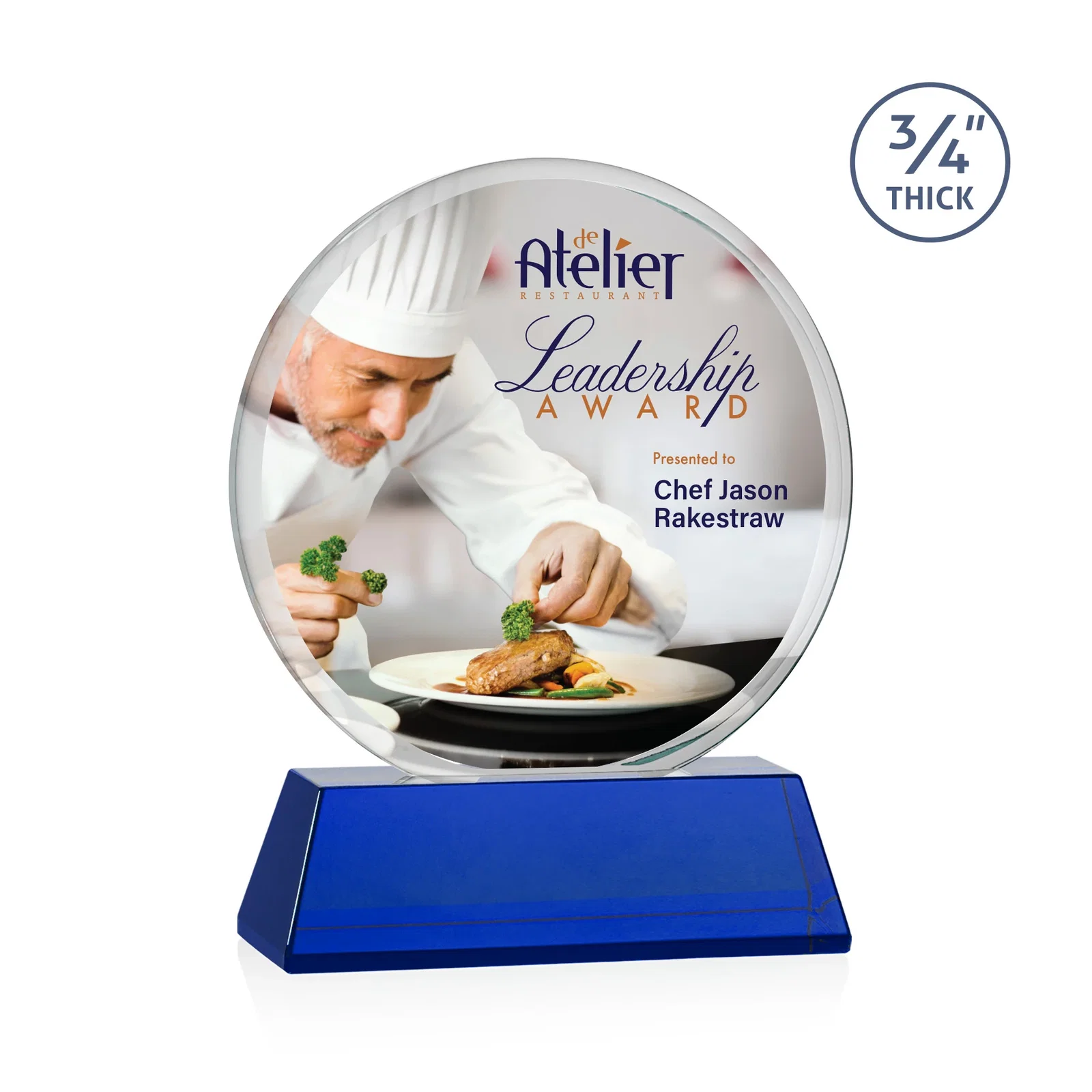 Custom printed Starfire Crystal Double-Beveled Disc Award on Tall Tapered Base for corporate award ceremonies
