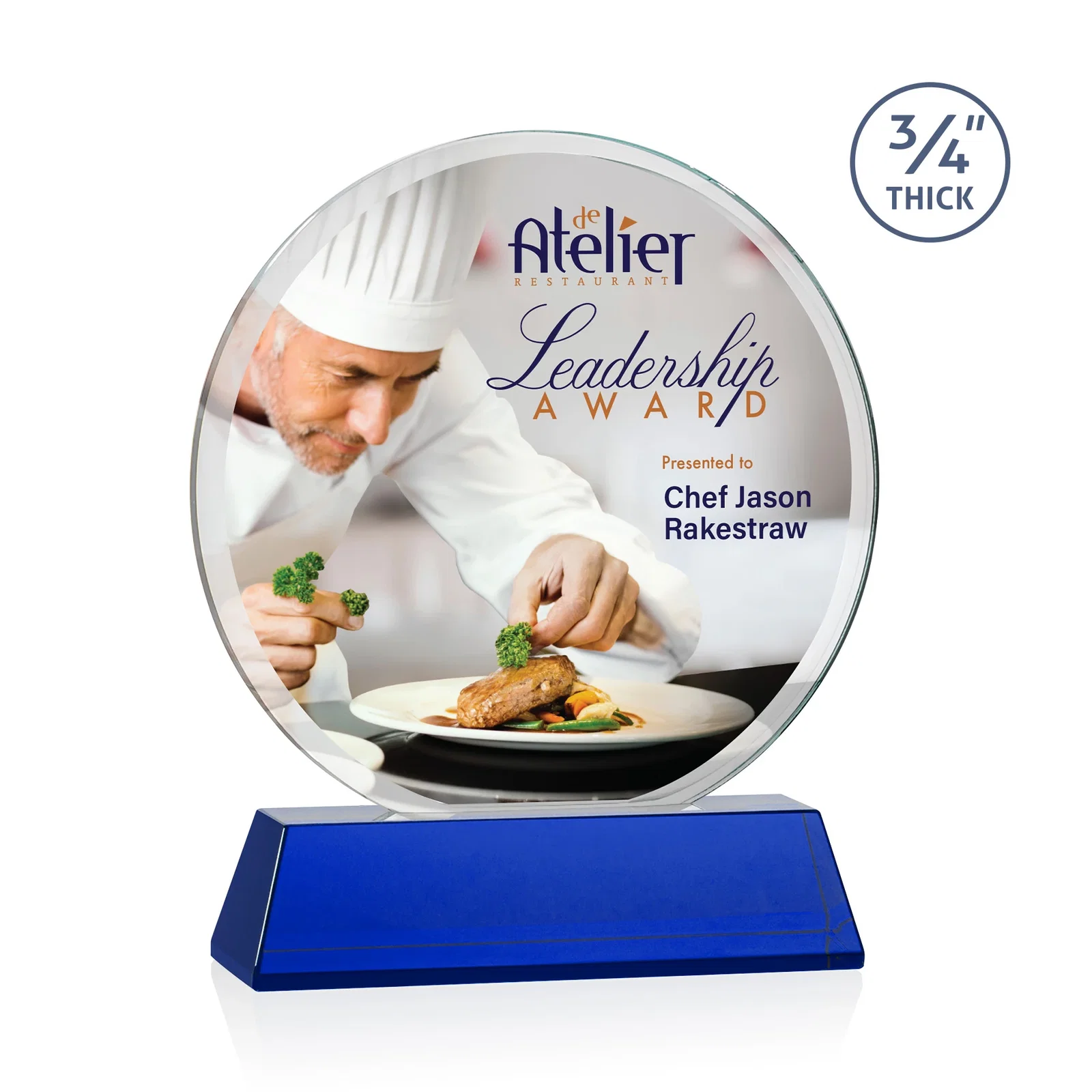 Custom printed Starfire Crystal Double-Beveled Disc Award on Tall Tapered Base for service anniversary gifts
