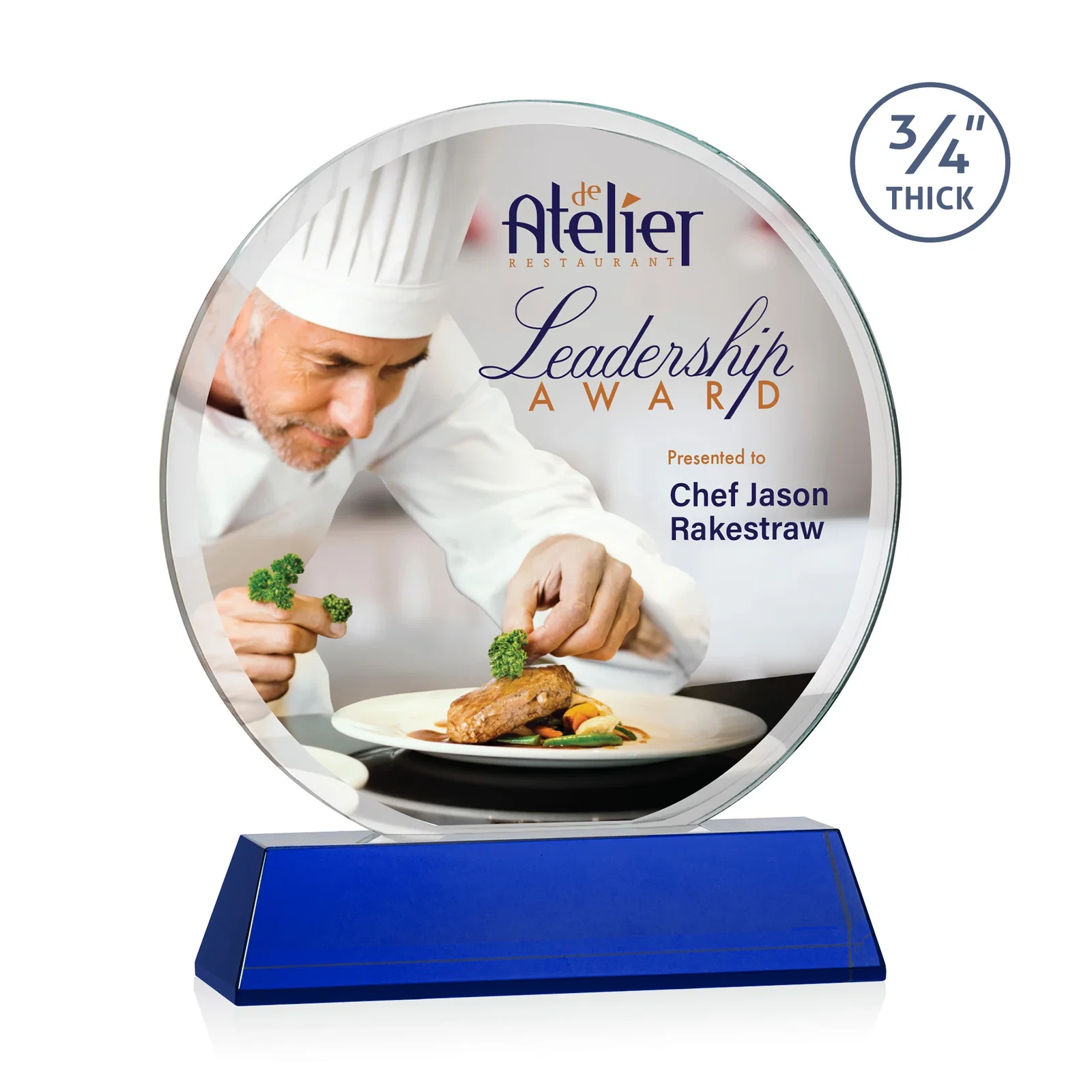 Custom printed Starfire Crystal Double-Beveled Disc Award on Tall Tapered Base for sales achievement awards