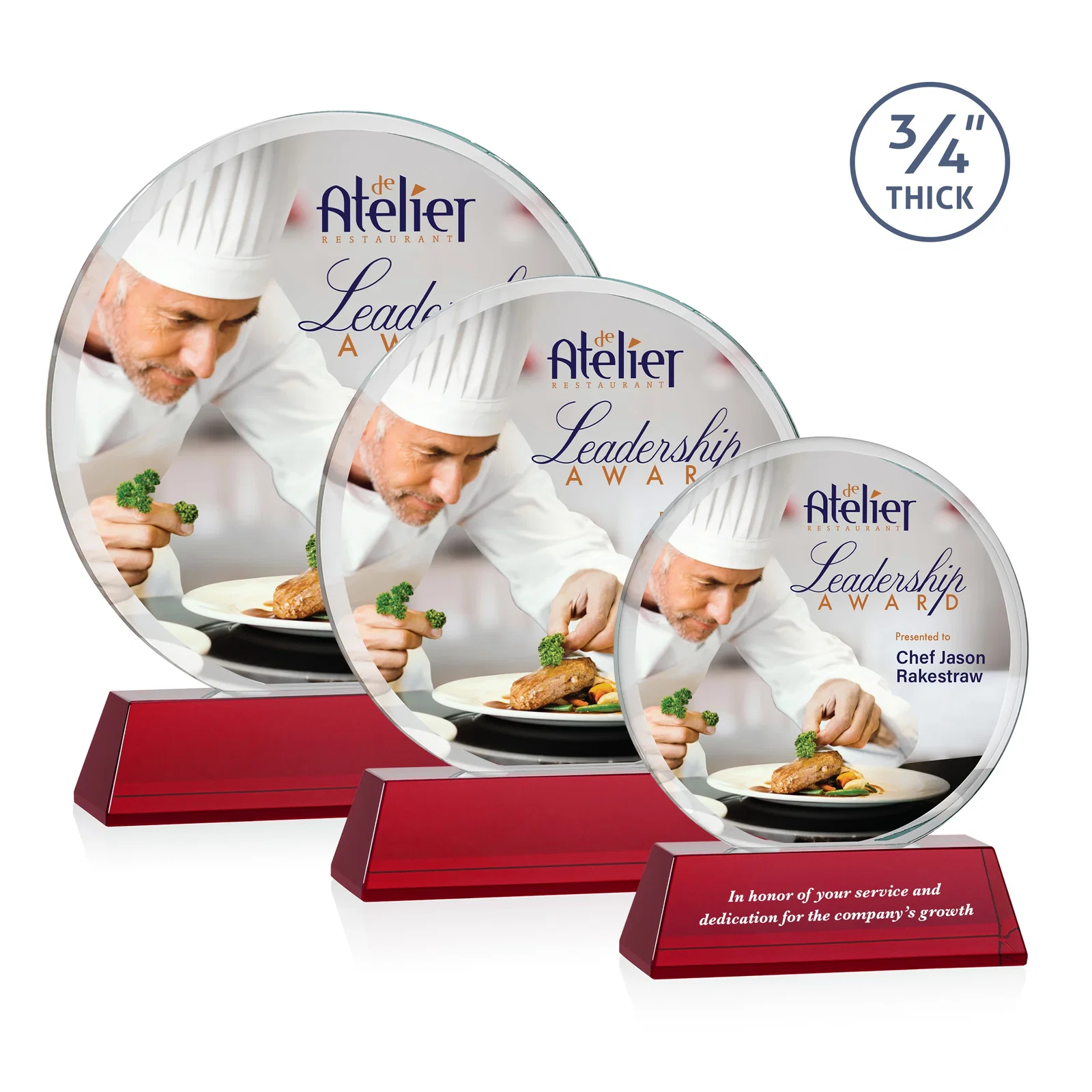 Custom printed Starfire Crystal Double-Beveled Disc Award on Tall Tapered Base for retirement presentations