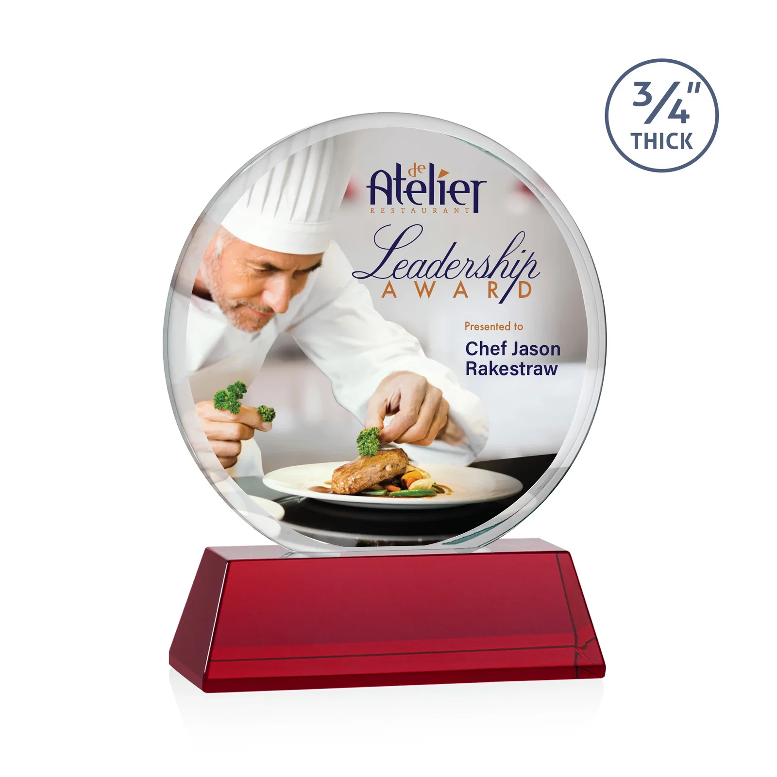 Custom printed Starfire Crystal Double-Beveled Disc Award on Tall Tapered Base for team milestone celebrations