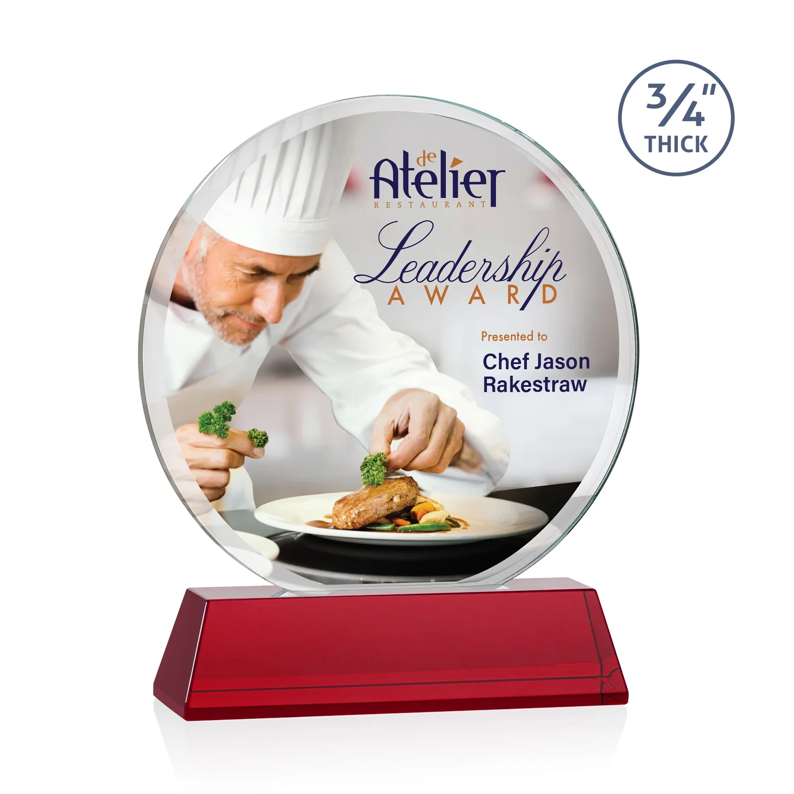 Custom printed Starfire Crystal Double-Beveled Disc Award on Tall Tapered Base for donor appreciation
