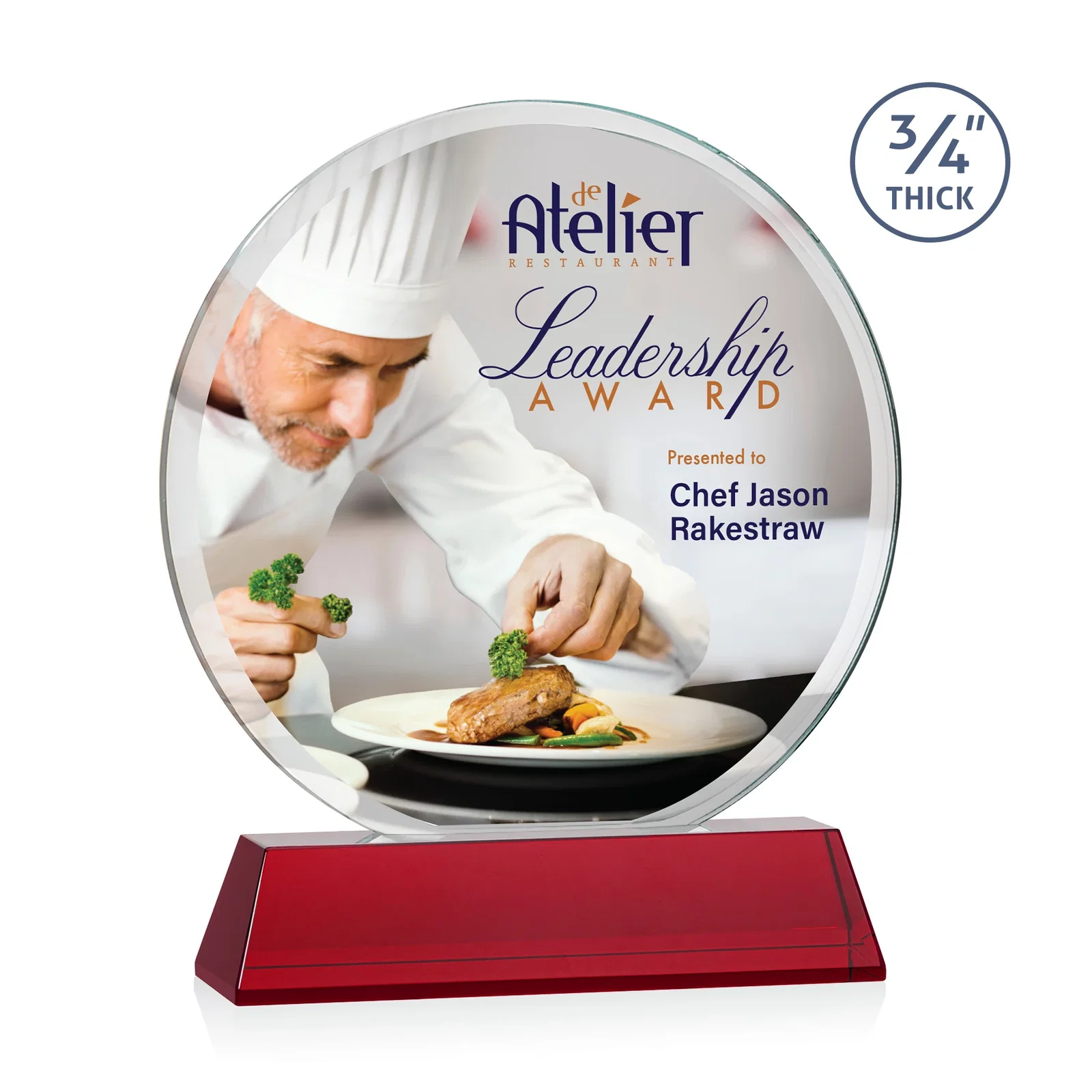 Custom printed Starfire Crystal Double-Beveled Disc Award on Tall Tapered Base for graduation ceremonies