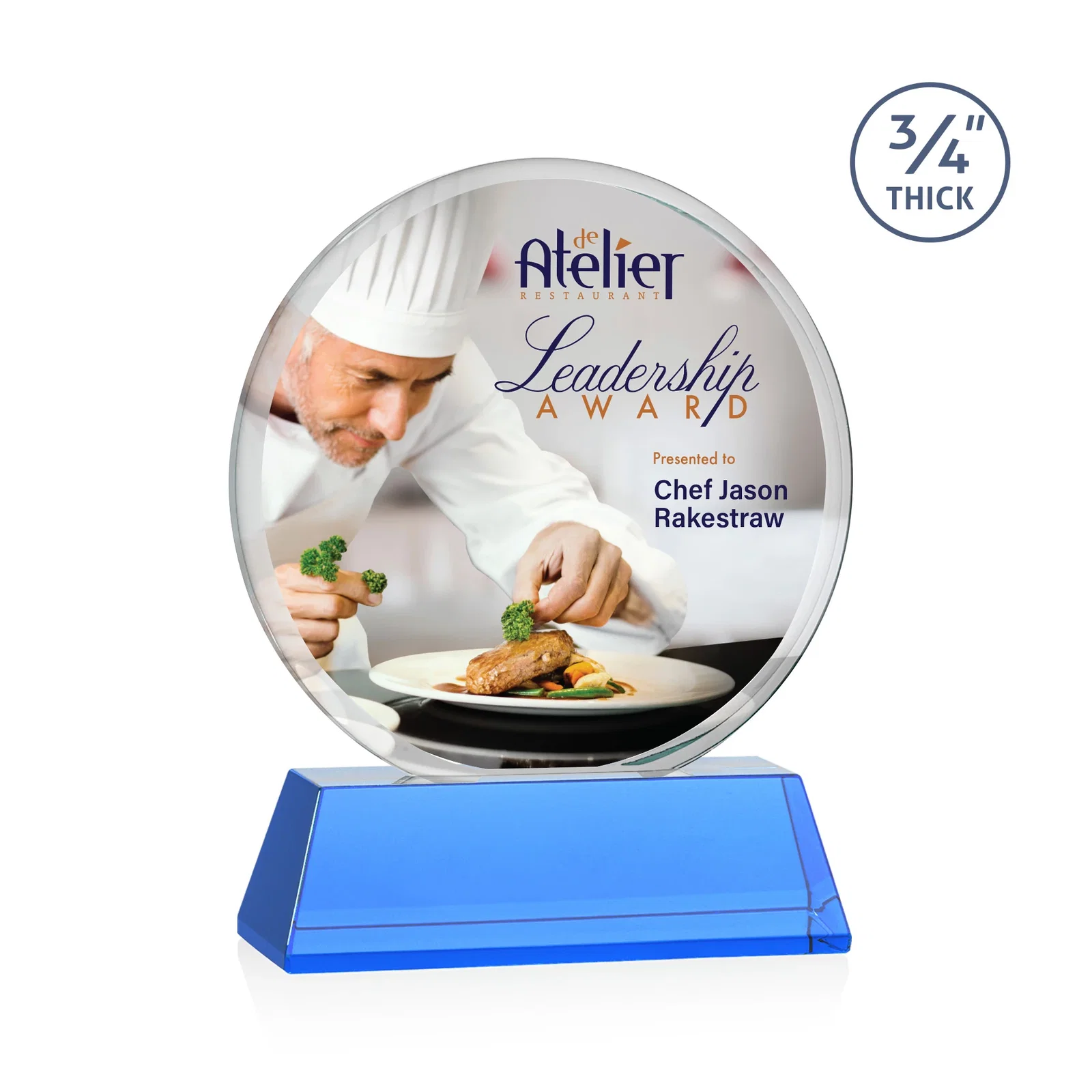 Custom printed Starfire Crystal Double-Beveled Disc Award on Tall Tapered Base for volunteer appreciation