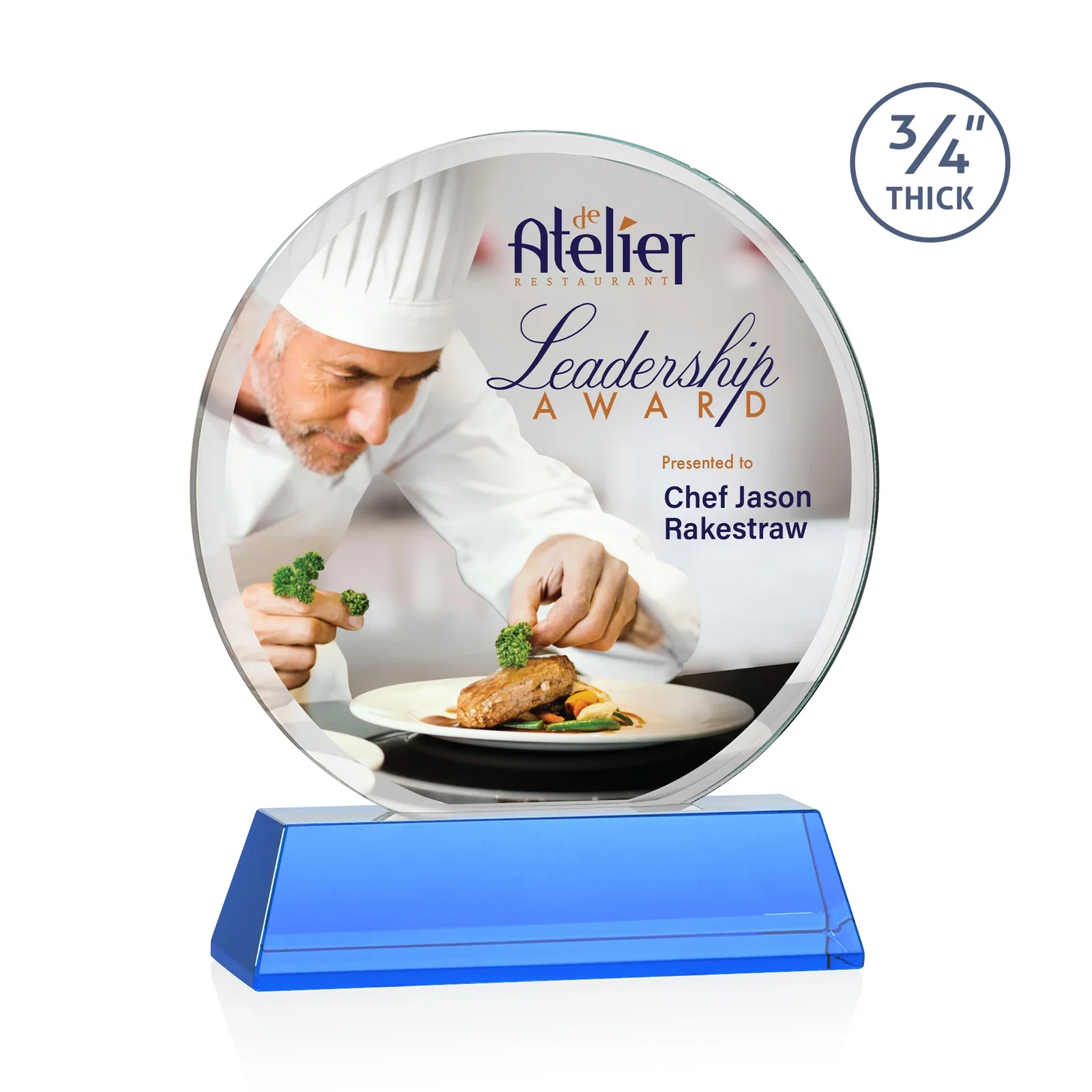 Custom printed Starfire Crystal Double-Beveled Disc Award on Tall Tapered Base for dealer and partner awards