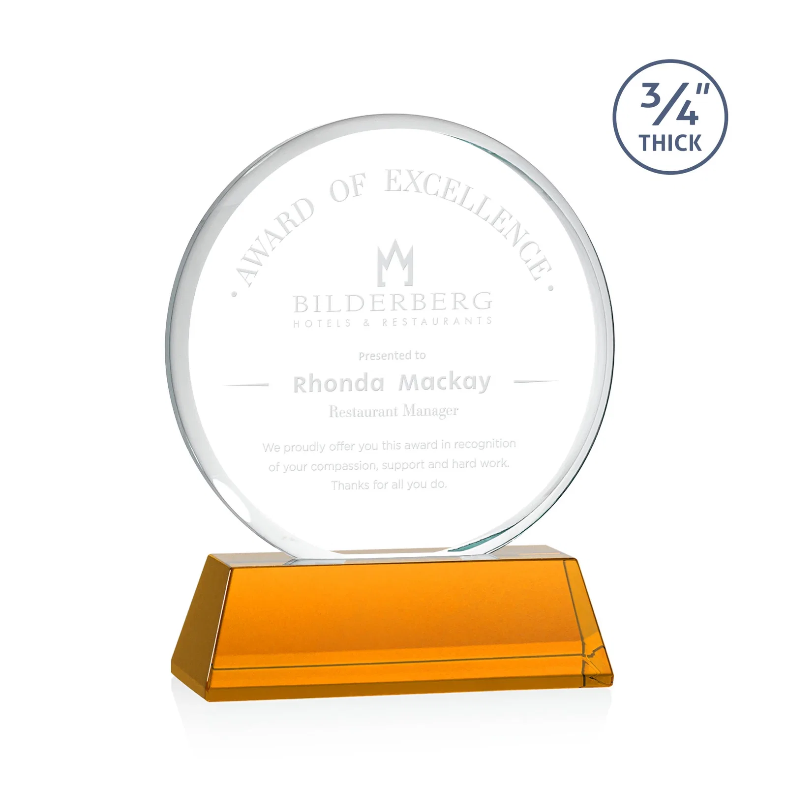 Custom Starfire Crystal Double-Beveled Disc Award on Tall Tapered Base for team milestone celebrations