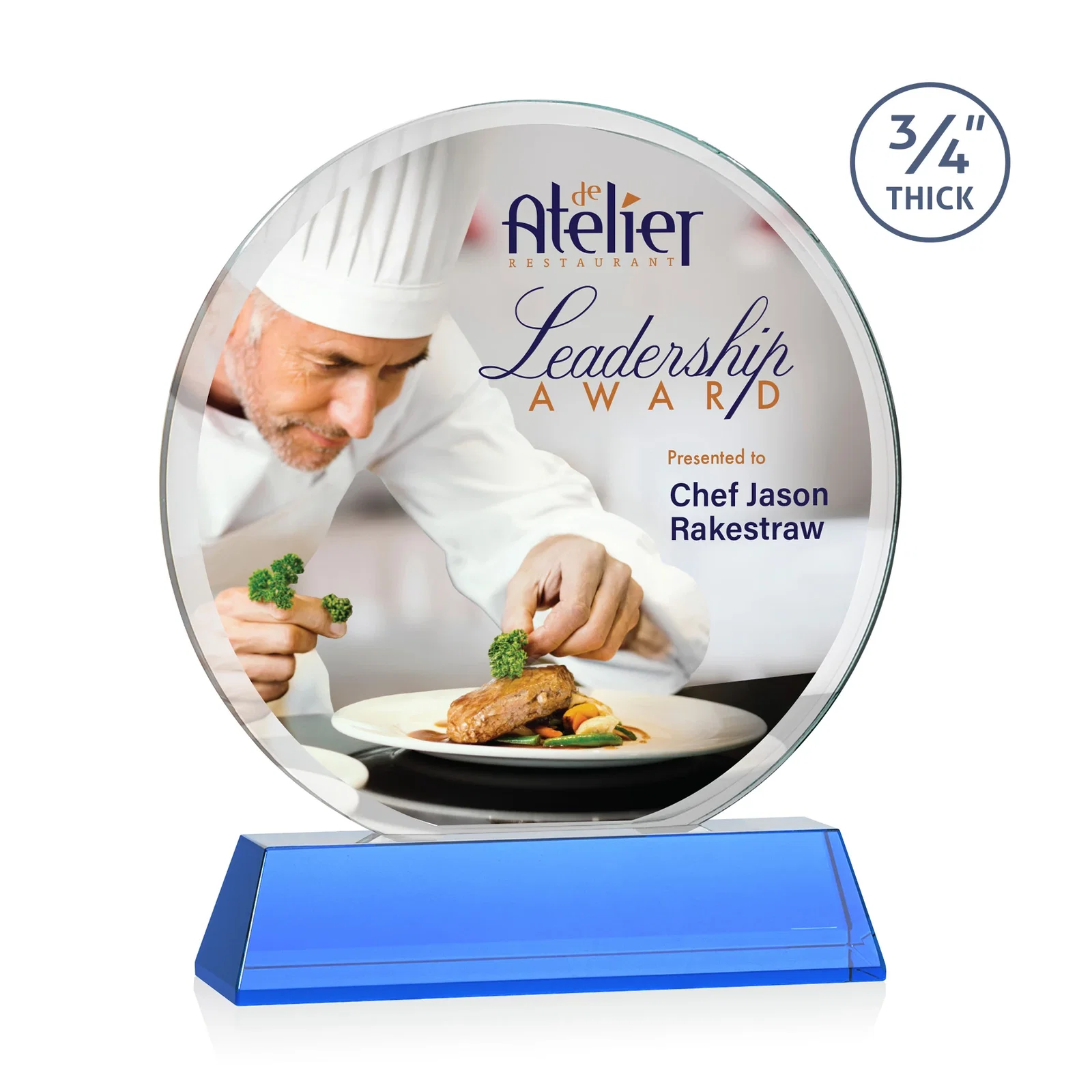 Custom printed Starfire Crystal Double-Beveled Disc Award on Tall Tapered Base for company anniversary events