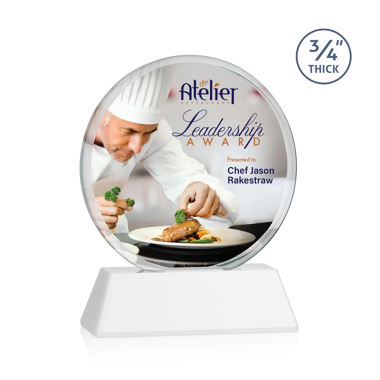 Customized Starfire Crystal Double-Beveled Disc Award on Tall Tapered Base for corporate award ceremonies