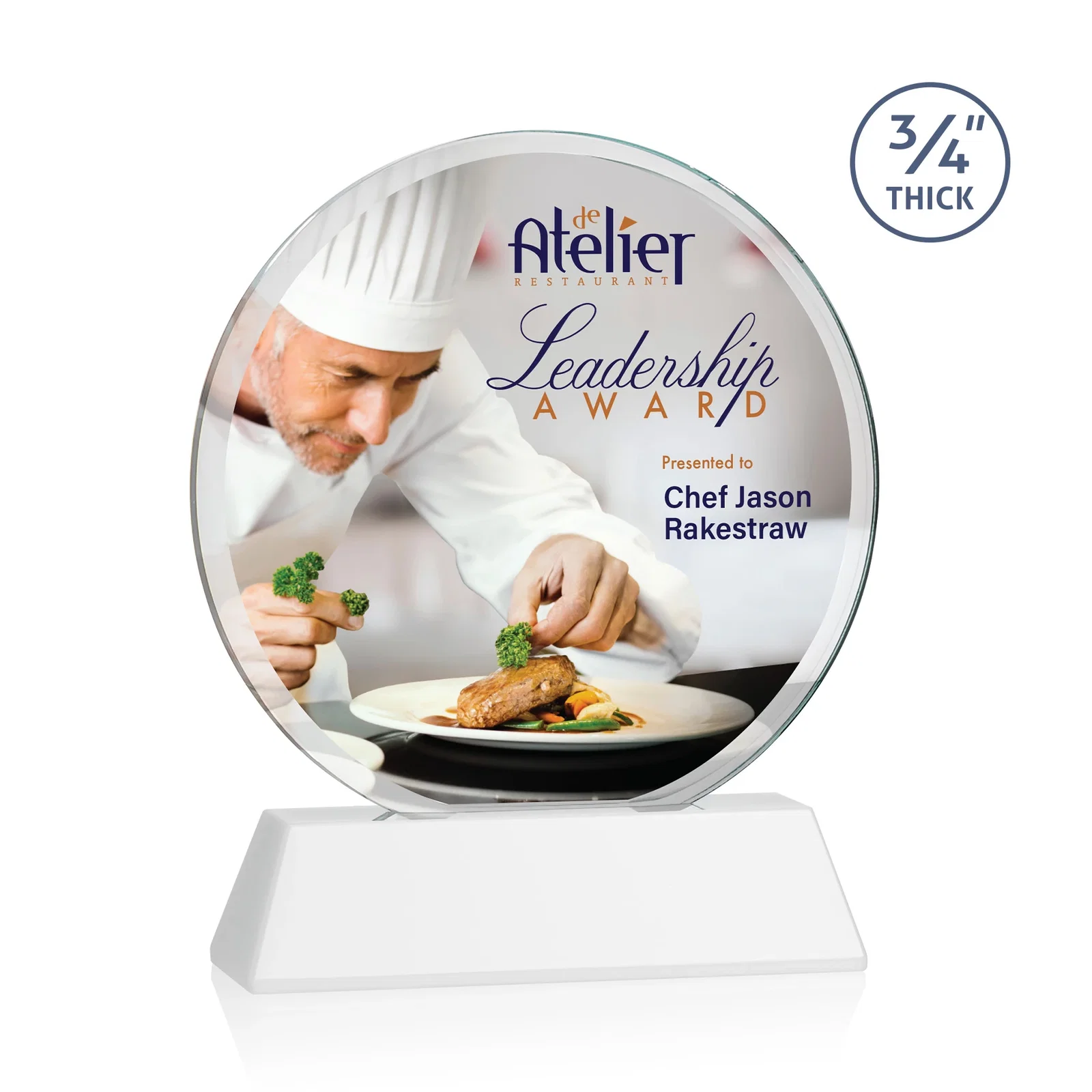 Customized Starfire Crystal Double-Beveled Disc Award on Tall Tapered Base for service anniversary gifts