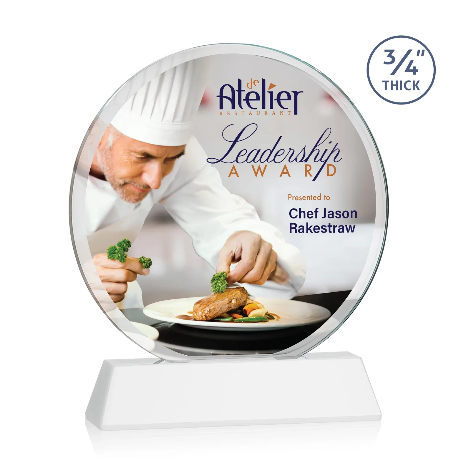 Customized Starfire Crystal Double-Beveled Disc Award on Tall Tapered Base for sales achievement awards