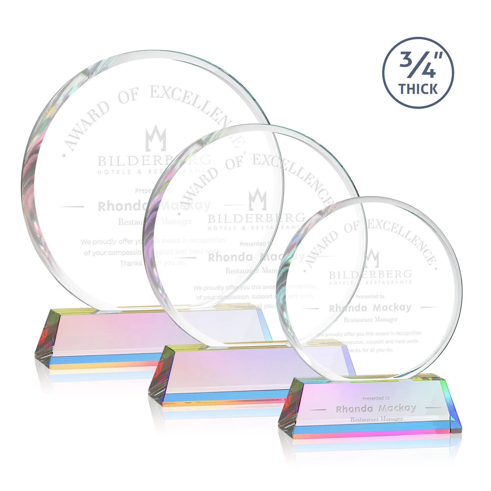 Customized Starfire Crystal Double-Beveled Disc Award on Tall Tapered Base for retirement presentations
