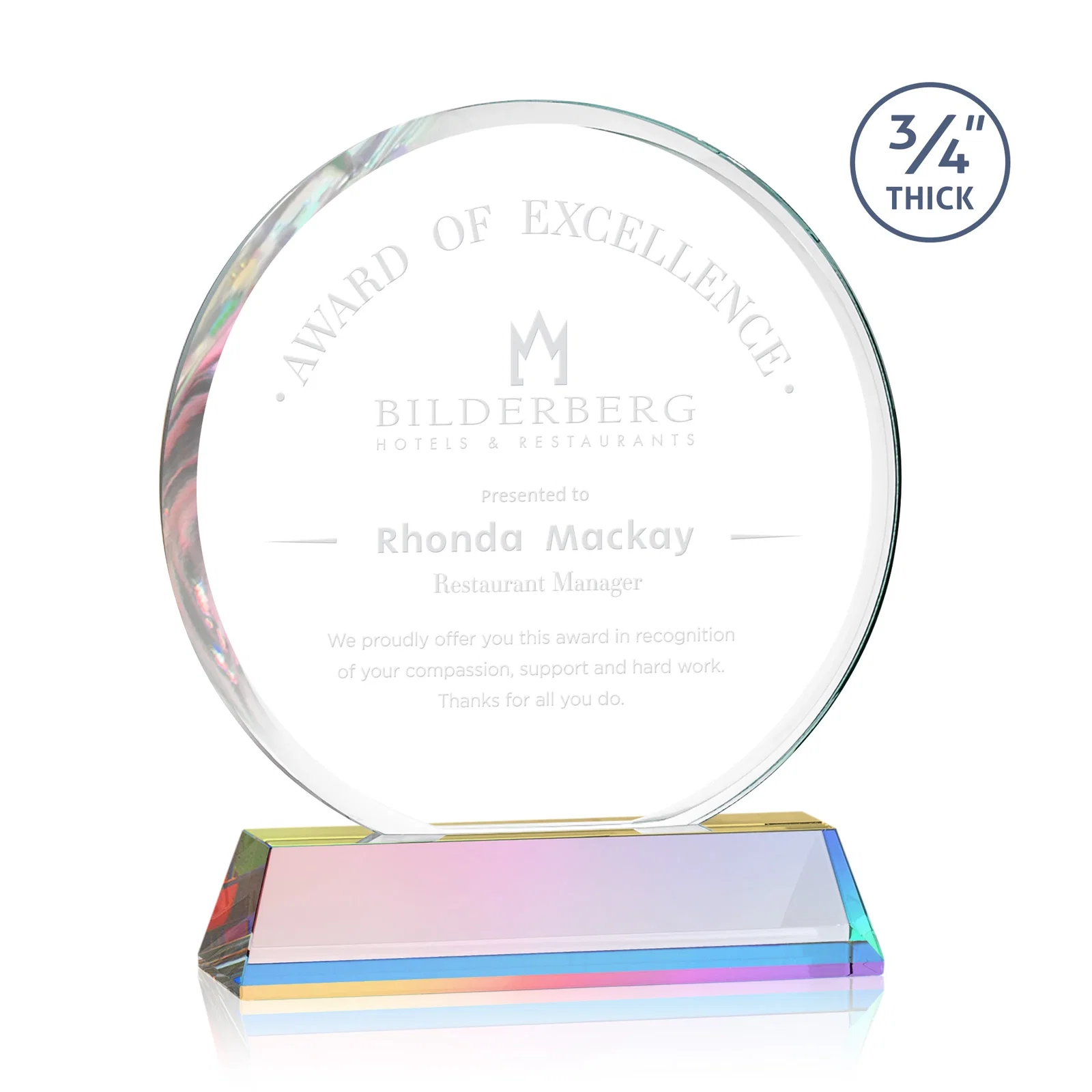 Customized Starfire Crystal Double-Beveled Disc Award on Tall Tapered Base for graduation ceremonies